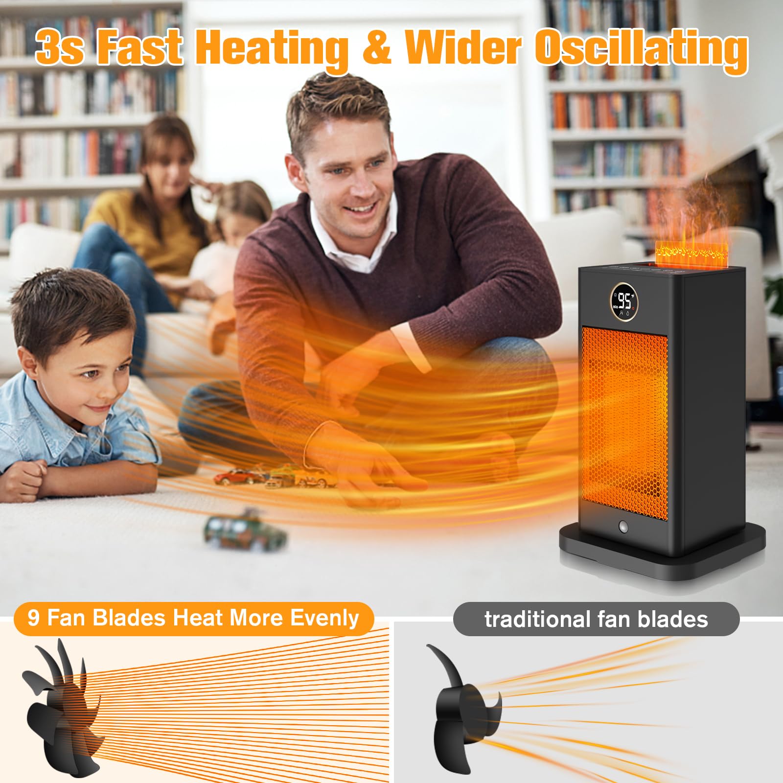 1500W PTC Fast Heating Space Heater with Humidifier & 3D Flame Effect - Oscillating Indoor Heater for Large Rooms Up to 260 sq.ft - Perfect for Bedroom, Office, and Living Room - Energy Efficient & Safe with Overheat Protection