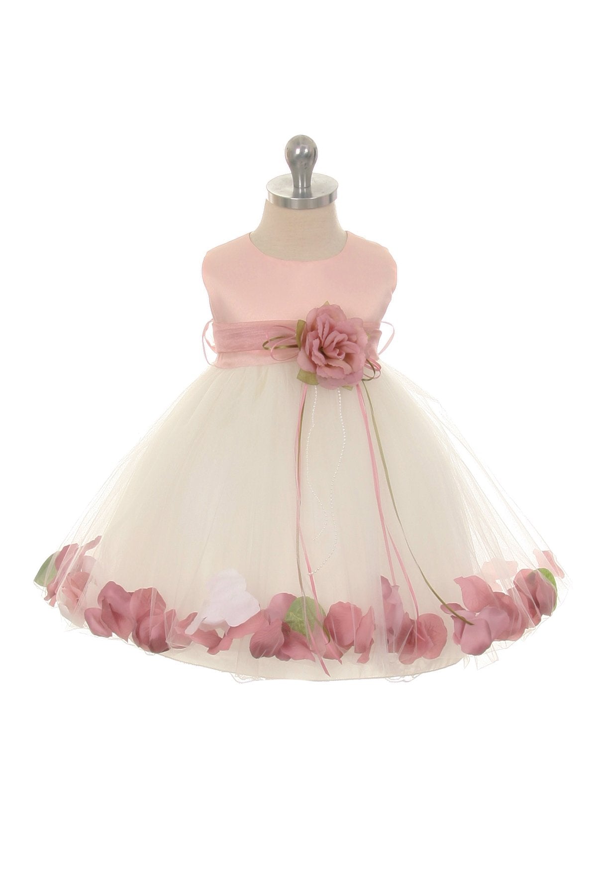 Elegant Dusty Rose Satin Flower Petal Baby Dress with Organza Sash - Perfect for Christening, Photoshoots & Special Occasions