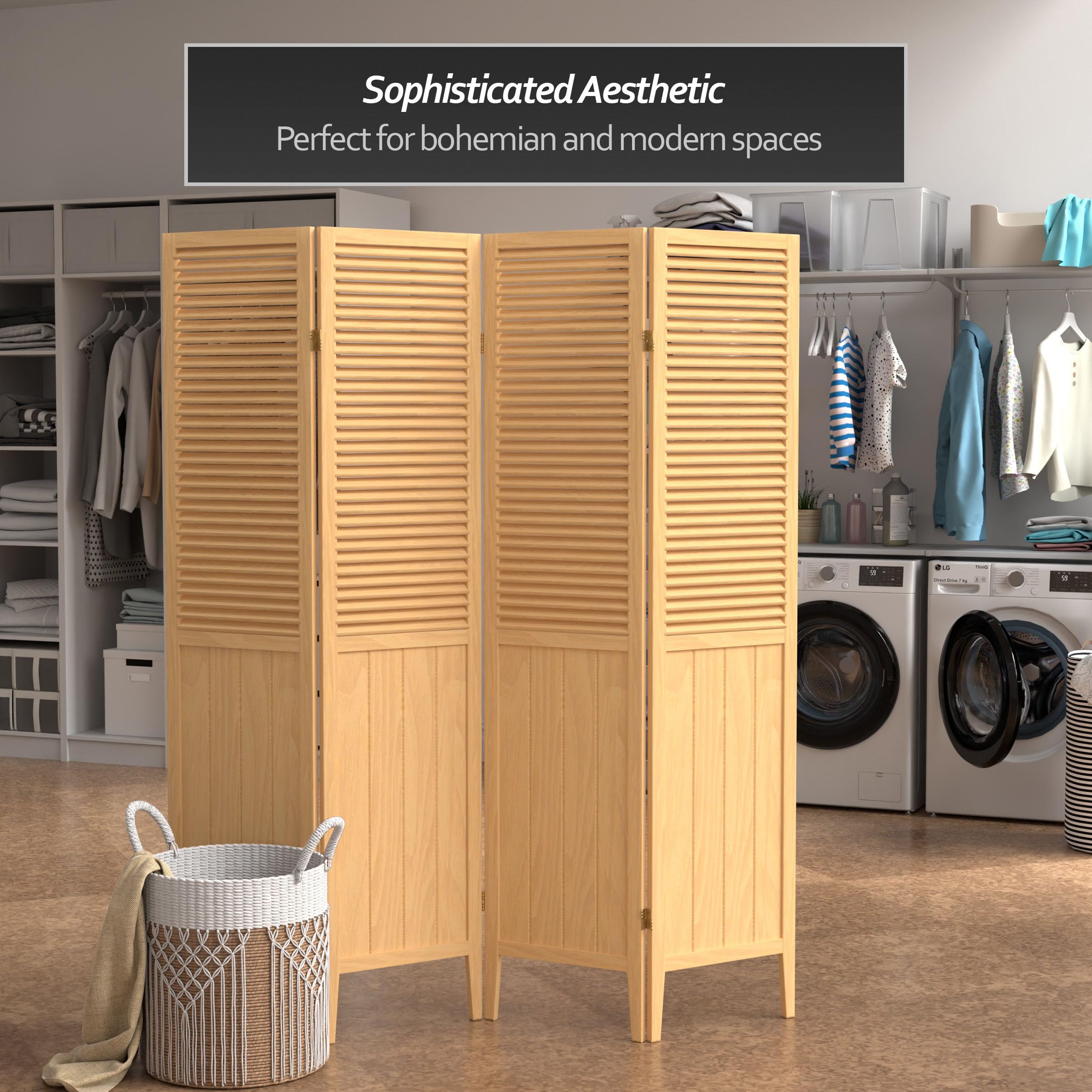 Red Lantern SS-BEAD-Natural-4P 4-Panel Natural Wood Room Divider Screen - Perfect for Home Decor, Office Partition & Asian-Inspired Spaces
