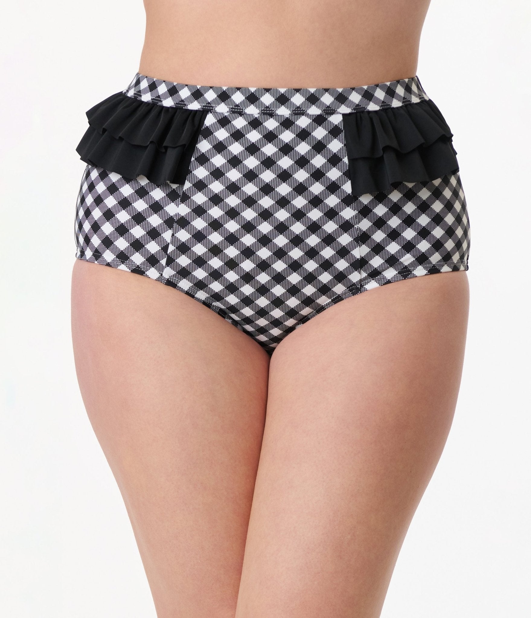 Vintage Black & White Gingham Ruffle Swim Bottom - Retro High Waisted Bathing Suit Bottoms for Women - Perfect for Beach Vacations, Pool Parties & Summer Fashion