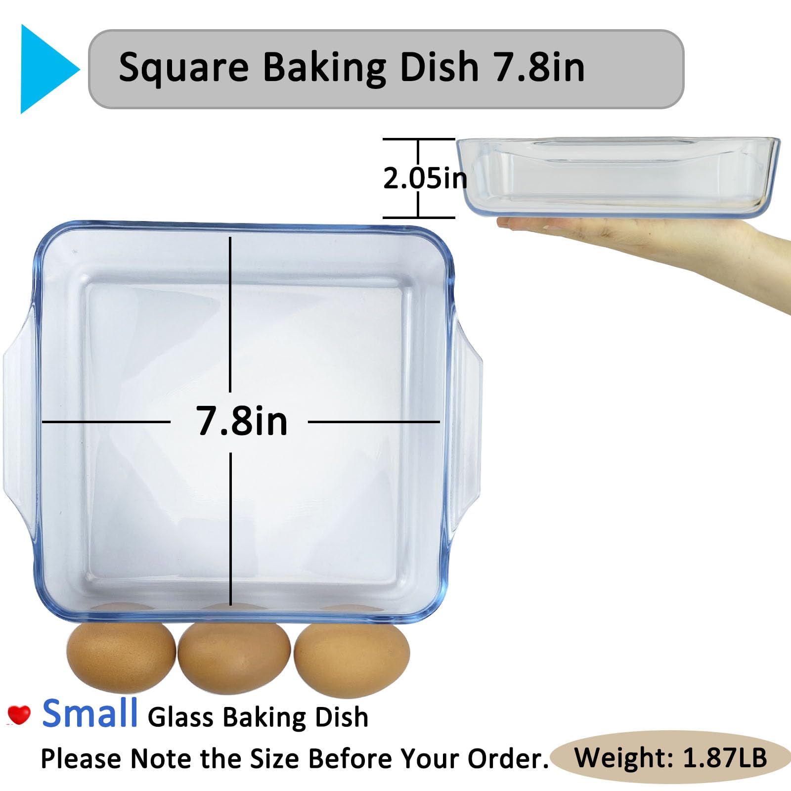 7.8 Inch Square Borosilicate Glass Baking Dish - Oven Safe Casserole Pan for Baking, Roasting & Air Frying | Perfect for Lasagna, Brownies & Meal Prep