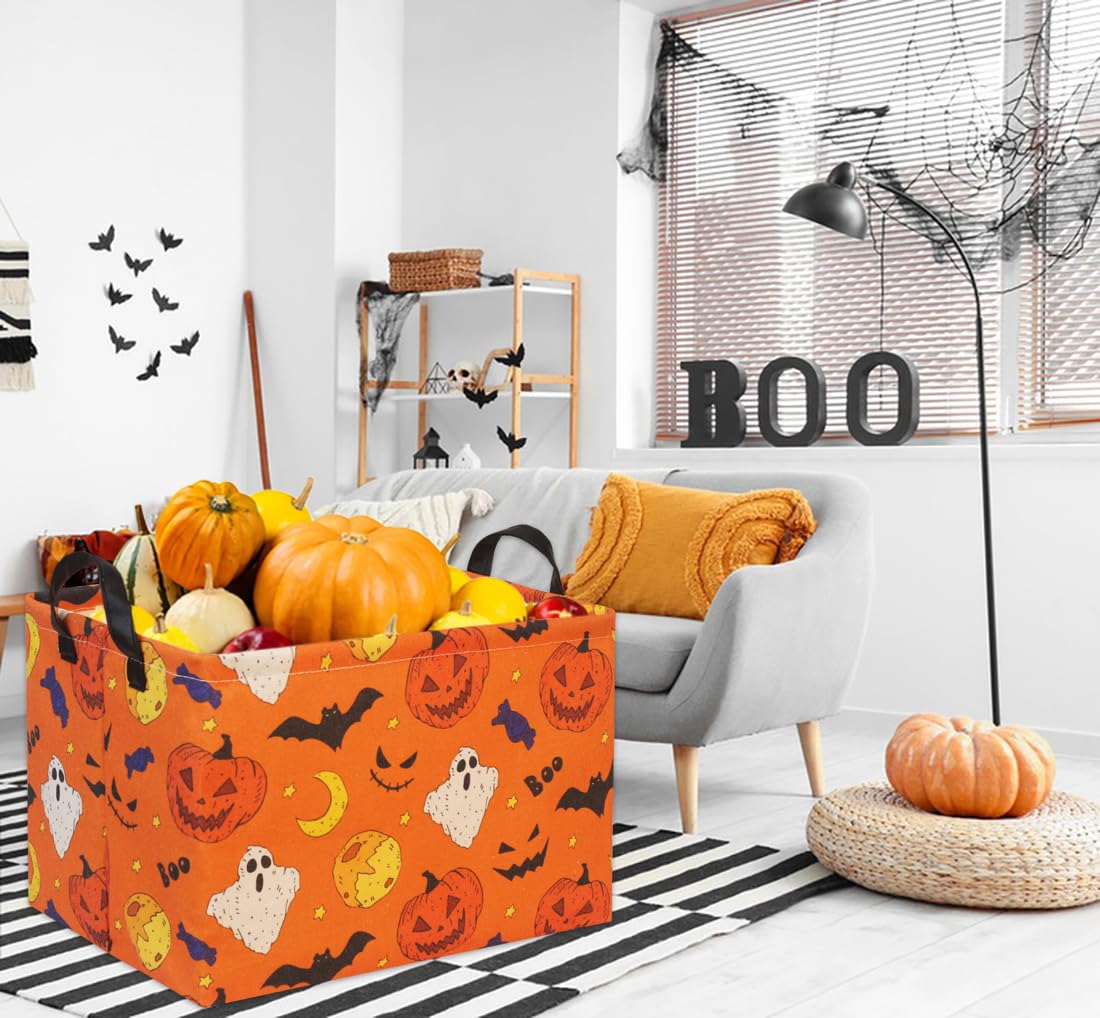 Halloween Basket for Kids - Cute Pumpkin-Shaped Rectangular Toy Storage Bin & Organizer Box - Perfect for Halloween Party Decor, Trick-or-Treating & Room Organization (Yellow)