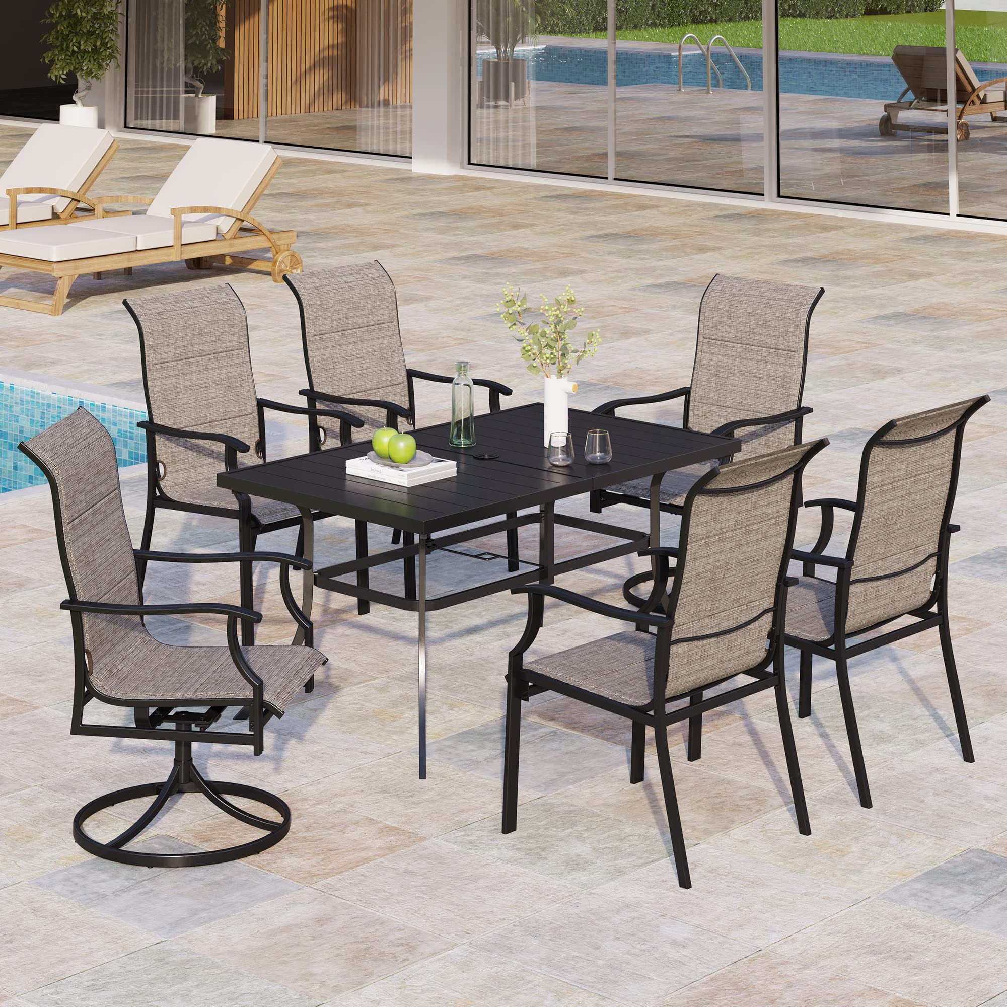 7-Piece Patio Dining Set with 2 Swivel Chairs & 4 Padded High-Back Chairs, 6-Person Steel Frame Outdoor Table with Umbrella Hole - Perfect for Backyard BBQs, Garden Parties & Poolside Dining
