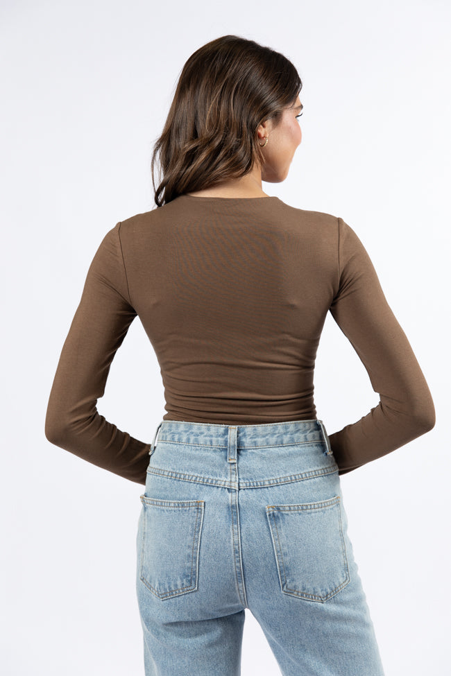 Lucky Me Brown Crew Neck Bodysuit - Women's Stretchy Basic Layering Top for Casual Wear & Everyday Outfits