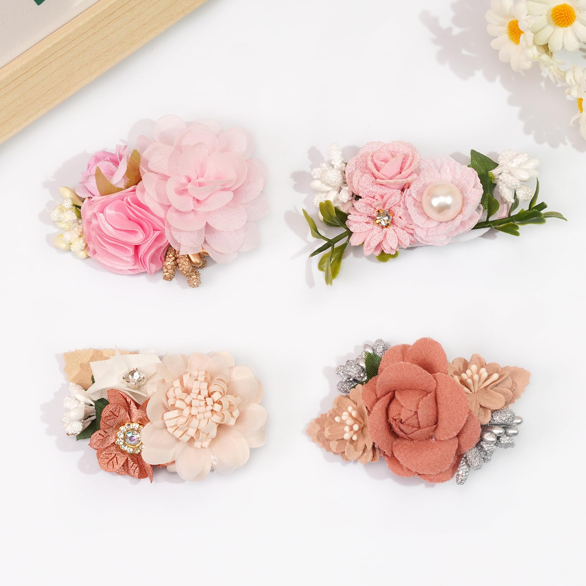 6 PCS Handmade Floral Hair Bows with Faux Pearls - Alligator Clip Barrettes for Women, Girls & Kids - Perfect for Weddings, Parties & Everyday Hair Accessories (Style 2)