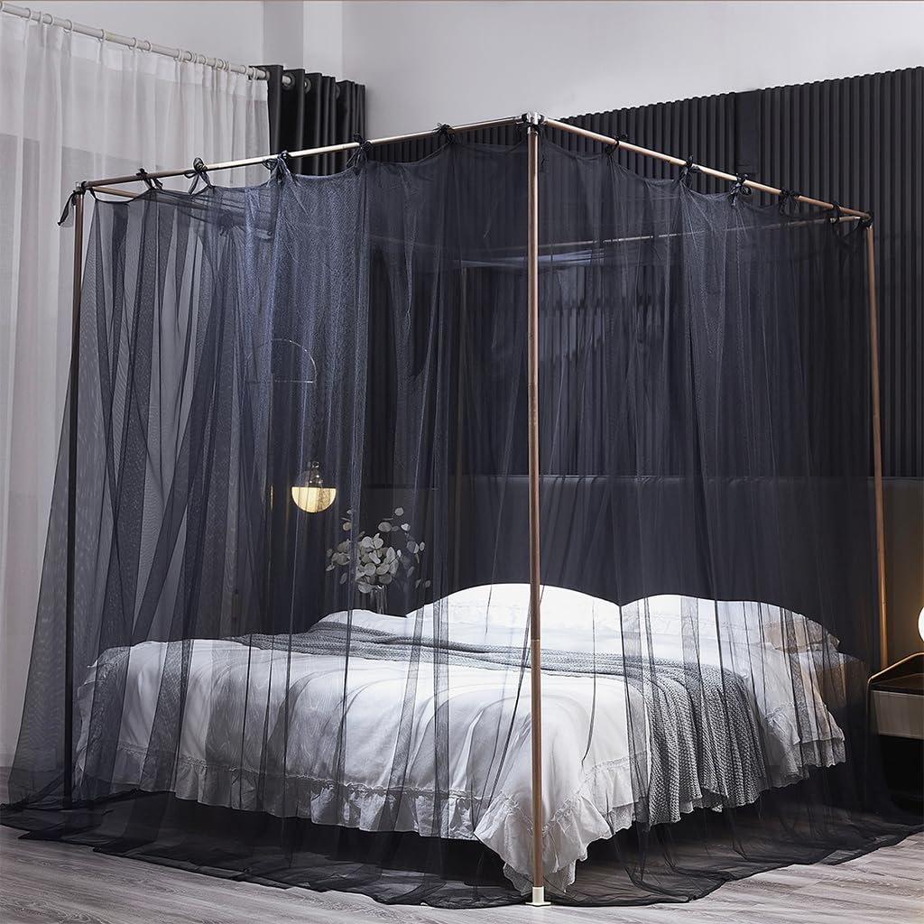 Luxury 4 Corner Post Mosquito Net with Dustproof Top Cover - Queen Size Bed Canopy for Adults & Teens (Black) | Perfect for Bedroom Decor, Romantic Nights & Allergy Protection