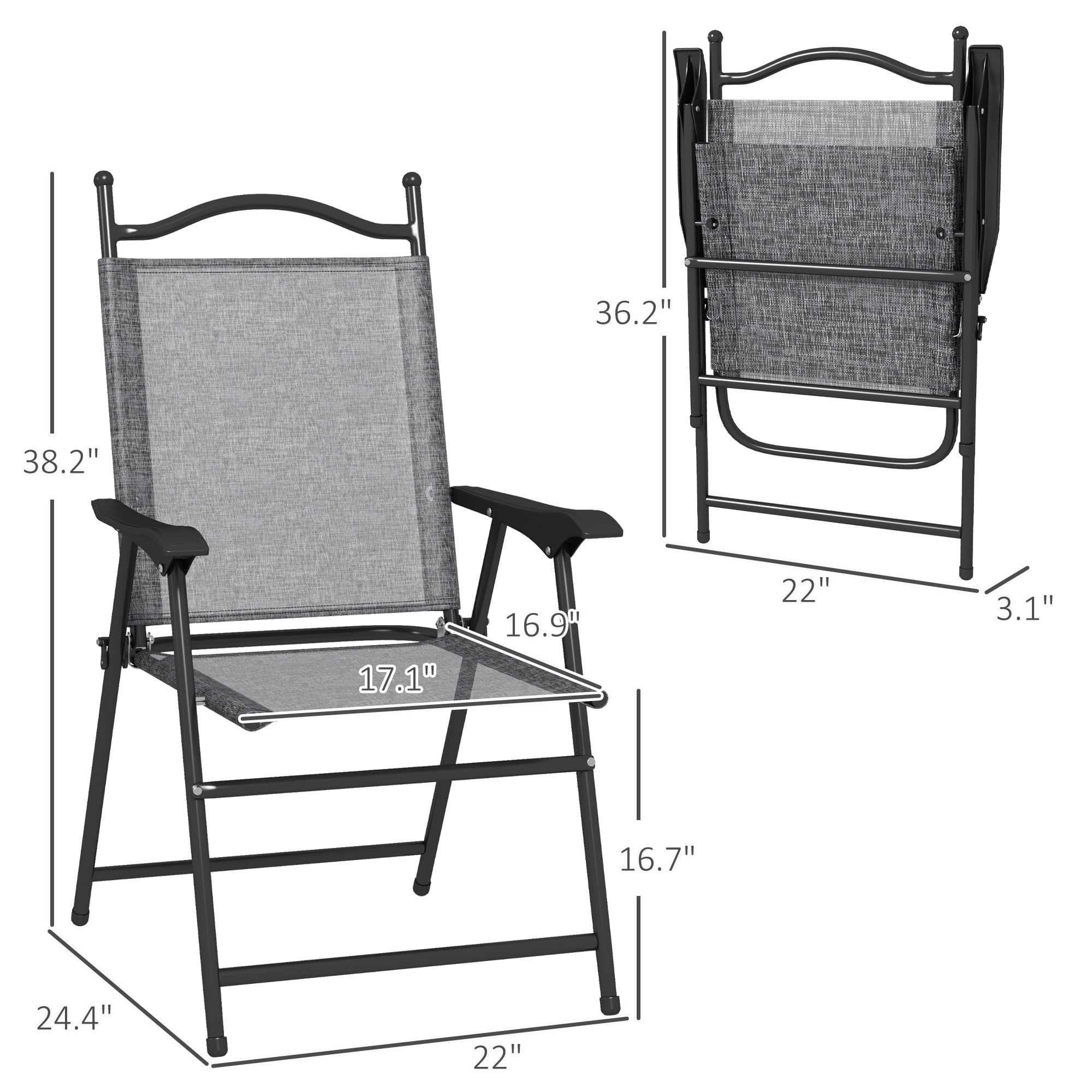 Outsunny 4-Pack Folding Patio Chairs with Armrests - Breathable Mesh Camping Chairs for Adults, Outdoor Lawn, Beach, Picnic & Sports Events - Gray Portable Lounge Chairs