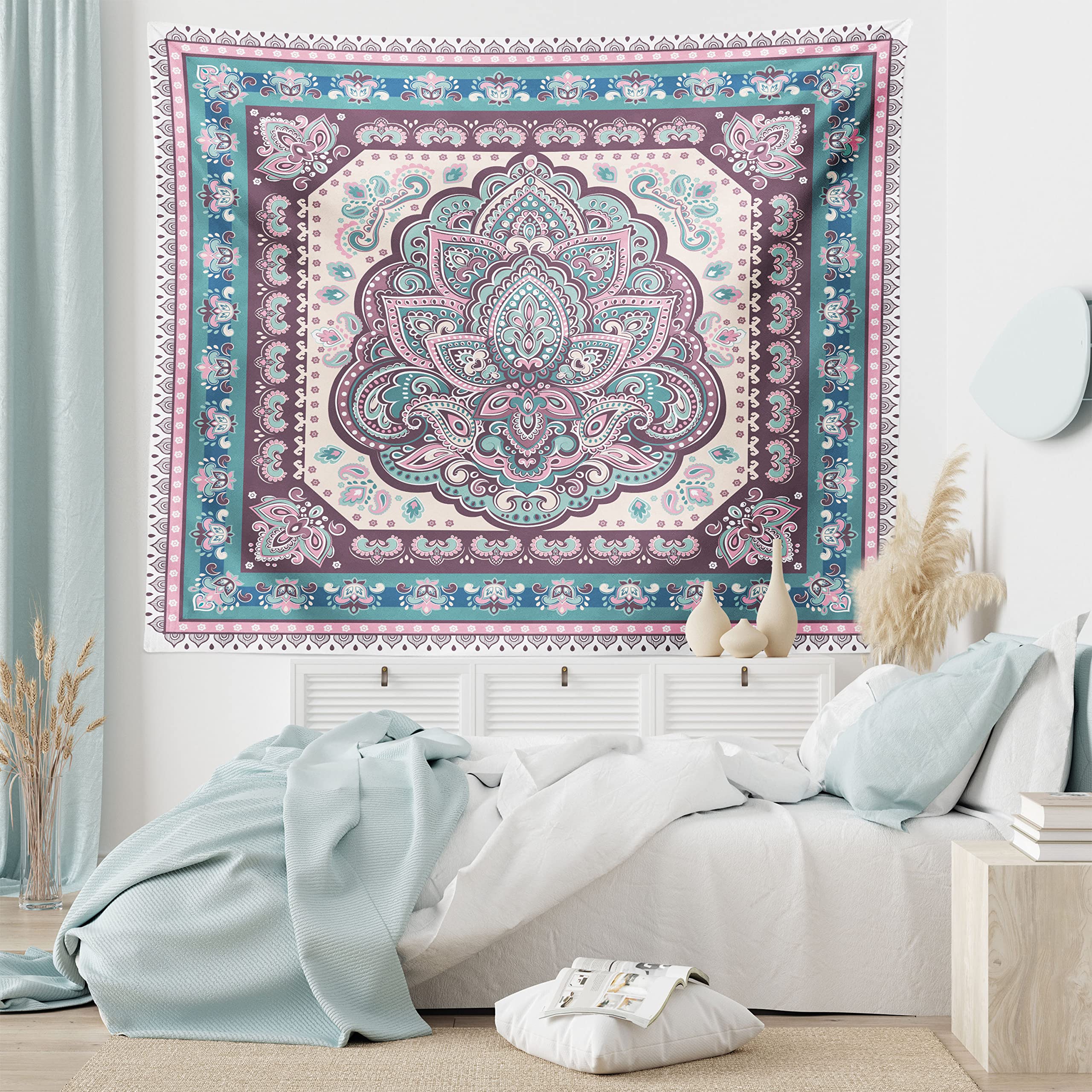 Ambesonne Bohemian Mandala Paisley Tapestry - King Size Ethnic Wall Hanging, Bedspread & Home Decor in Pale Pink Purple | Perfect for Bedroom, Living Room & Hippie Style Decorations