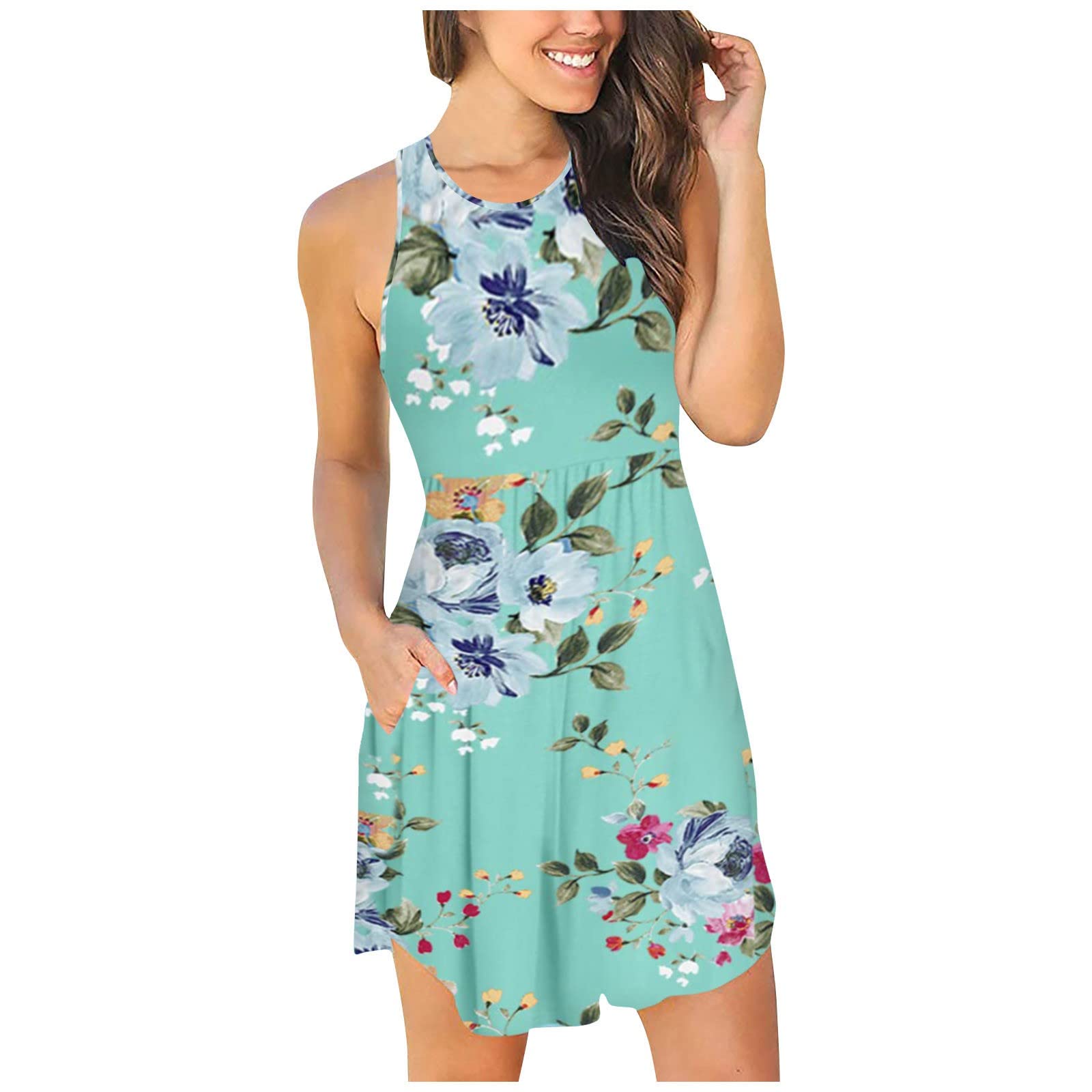 Hamovessi Women's Floral Print Sleeveless Dress - Crew Neck, Elastic Waist, Loose Fit Casual & Party Dress for Beach, Vacation, Summer Outings