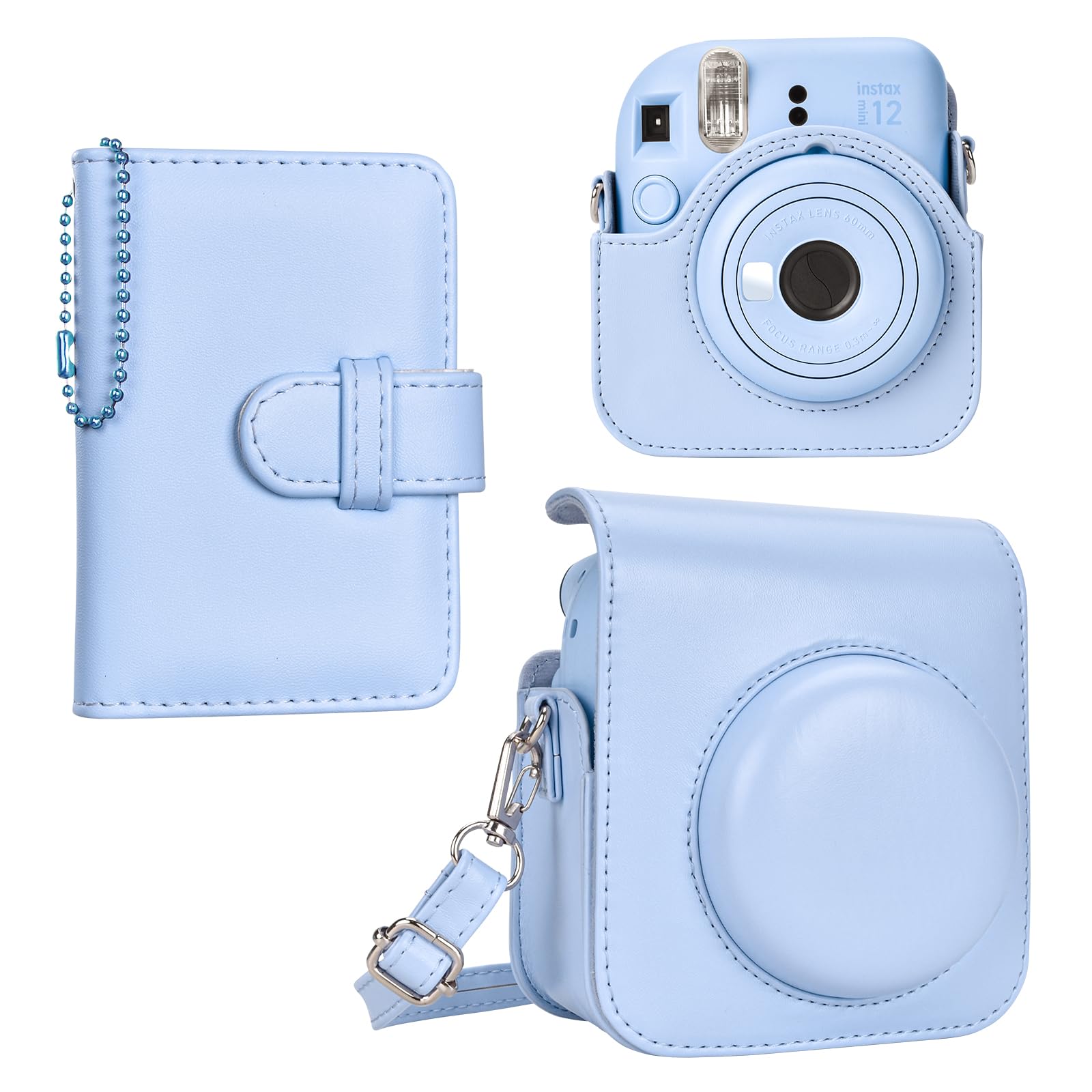 Premium Leather Case & Photo Album for Fujifilm Instax Mini 12 - Protective Carry Bag with Storage Pocket, Keychain Photo Holder & Adjustable Shoulder Strap (Pastel Blue) - Perfect for Travel, Parties & Memory Keeping