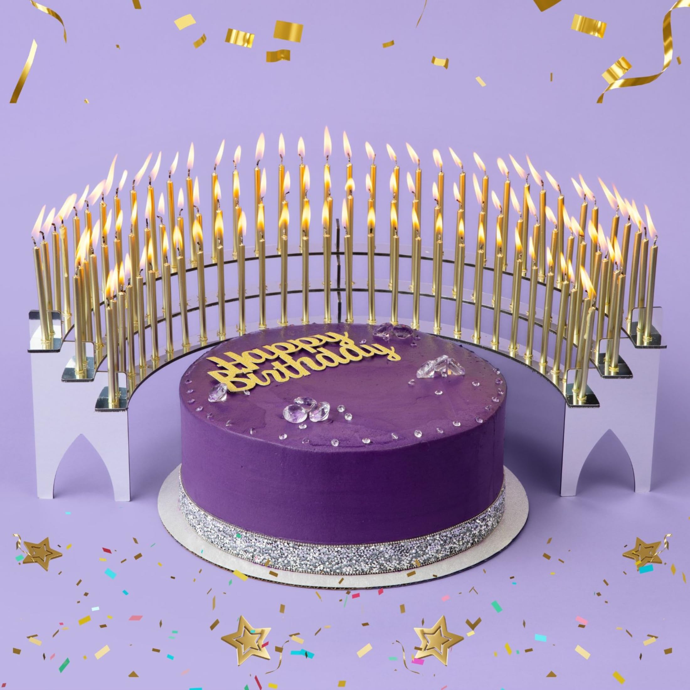 Elegant Silver-Mirror Finish Birthday Candle Holder Set with 100 Gold Candles - Perfect for 50th, 60th, 70th, 75th, 80th, 90th & 100th Milestone Birthday Celebrations - Ideal for Anniversary Parties, Retirement Parties & Special Occasion Decorations