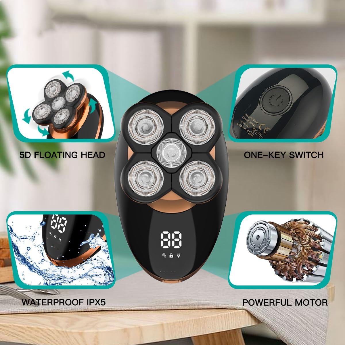 Professional 5-in-1 Men's Head Shaver & Beard Trimmer - Waterproof Rotary Shaver with 5D Floating Blades for Smooth Shaving & Grooming - Perfect for Home, Travel & Barber Use