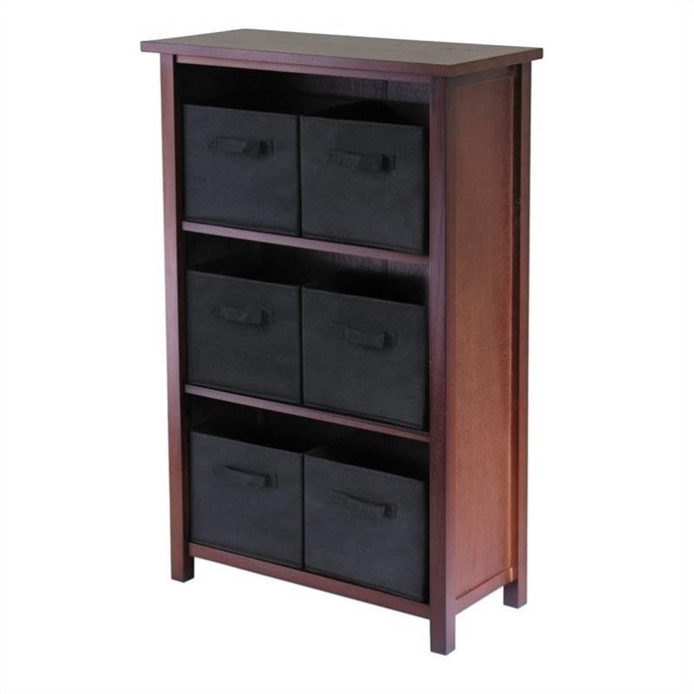 Pemberly Row 4-Tier Medium Solid Wood Storage Shelf with Baskets in Walnut - Organize Home, Office & Closet - Perfect for Bedroom, Bathroom & Living Room Storage