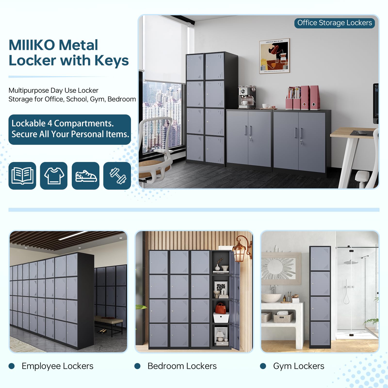 MIIIKO 4-Tier Metal Storage Locker with Keys - Secure Locking Shelves for School, Gym, Office & Home Organization - Perfect for Locker Rooms, Mudrooms & Dorm Storage