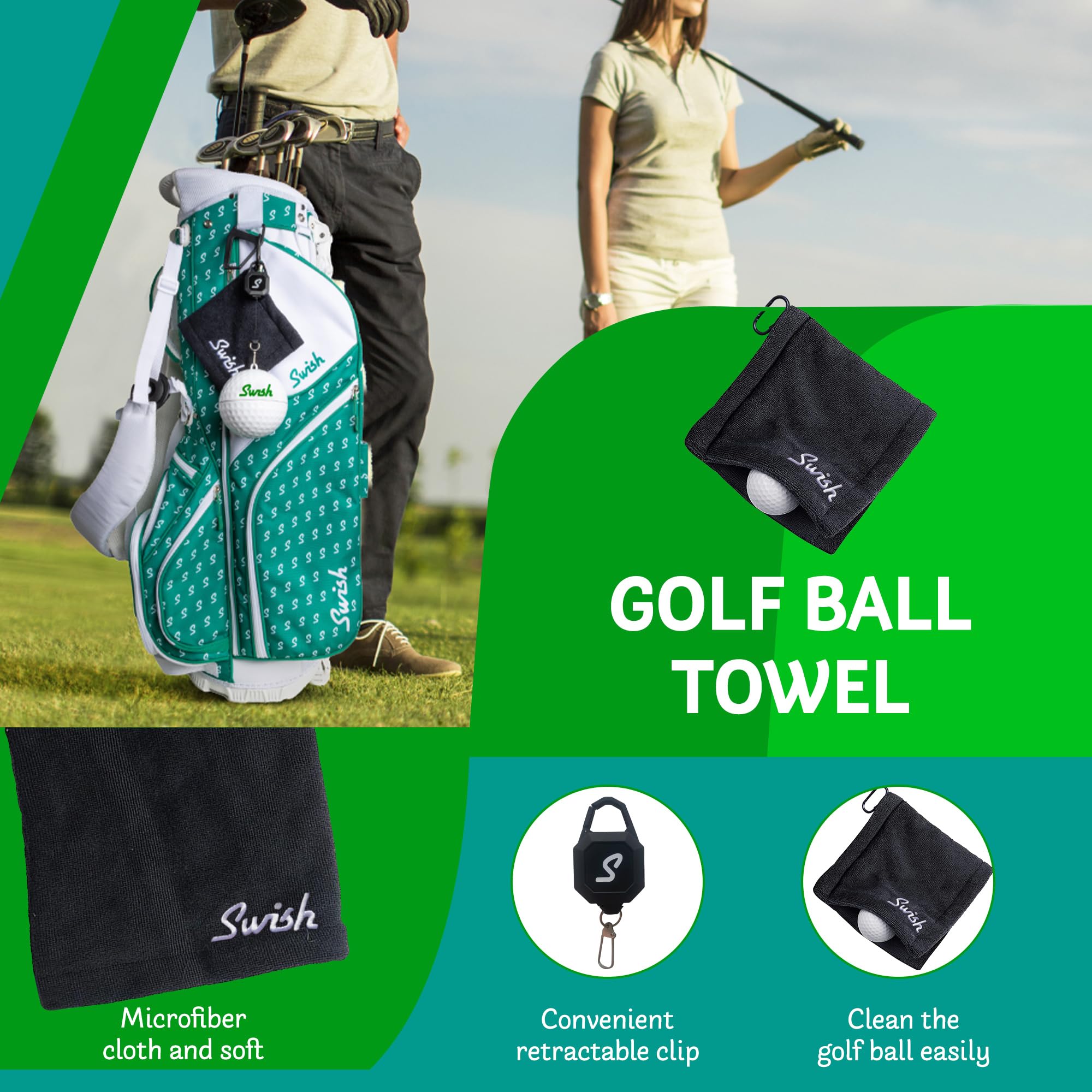 Swish Portable Golf Ball Cleaner – Clip-On Golf Accessory for Golf Bag or Cart – Best Golf Gift for Men & Women – Ideal for Driving Range & Course Play