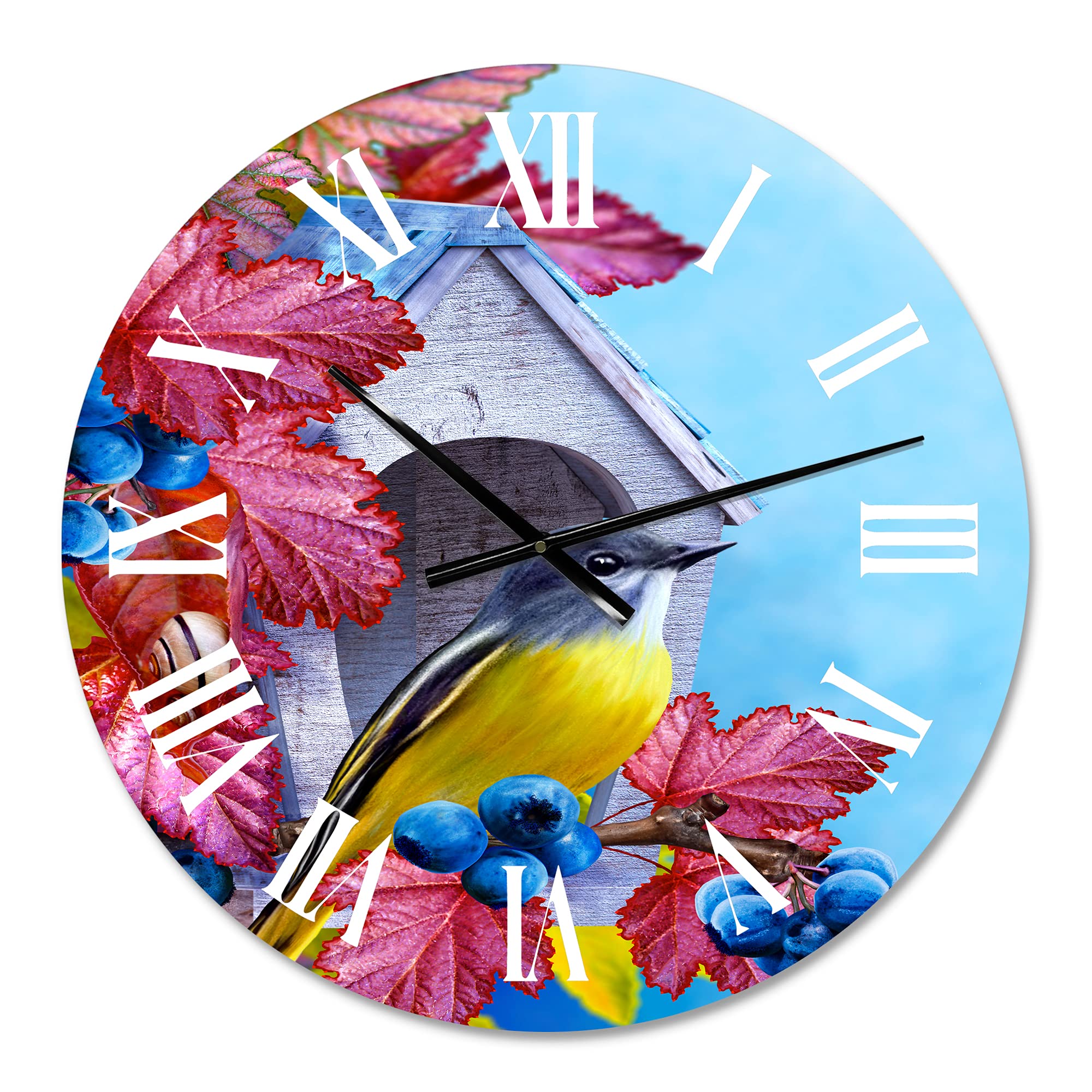 DesignQ Traditional Wall Clock - Titmouse Bird on Branch Near Birdhouse, Large Decorative Clock for Living Room, Bedroom & Office