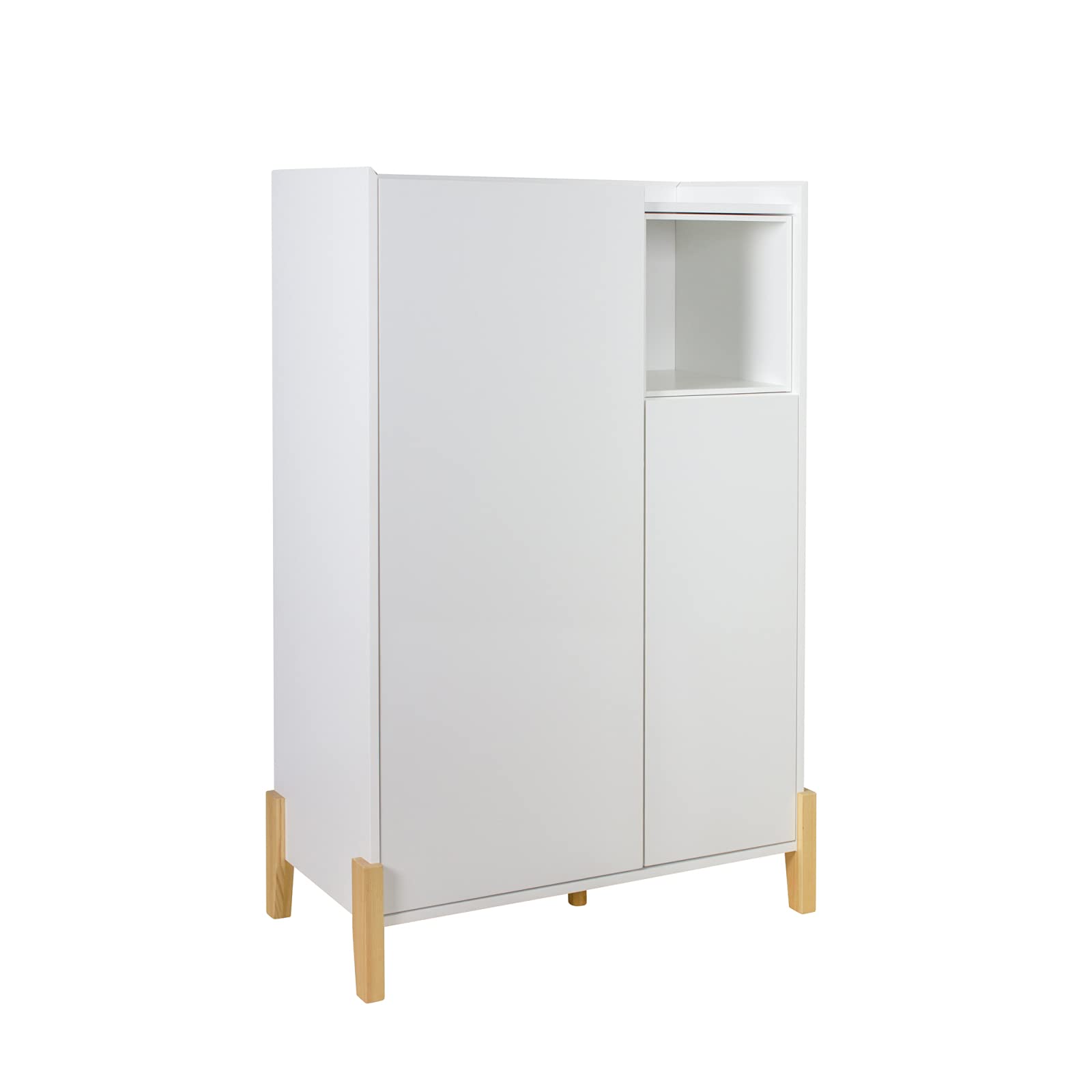 Modern White Wooden Bathroom Floor Cabinet - 2-Door Freestanding Storage Cabinet with Removable Open Shelf & Pinewood Legs - Perfect for Entryway, Kitchen, Bathroom, and Living Room Storage
