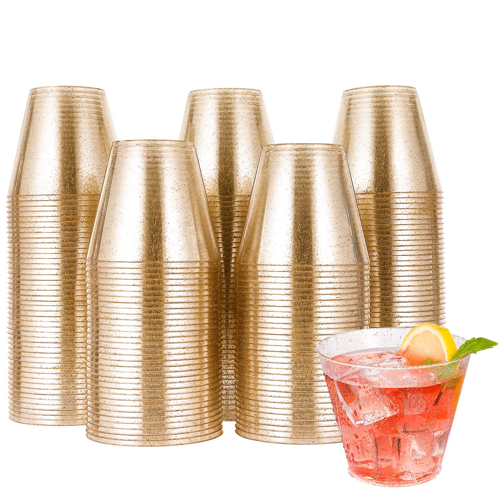 JOLLY CHEF 200 Pack 9 oz Glitter Plastic Cups - Disposable Gold Tumblers for Wedding, Thanksgiving, Christmas Party - Elegant Drinkware for Cocktails, Champagne, Beverages at Celebrations & Events