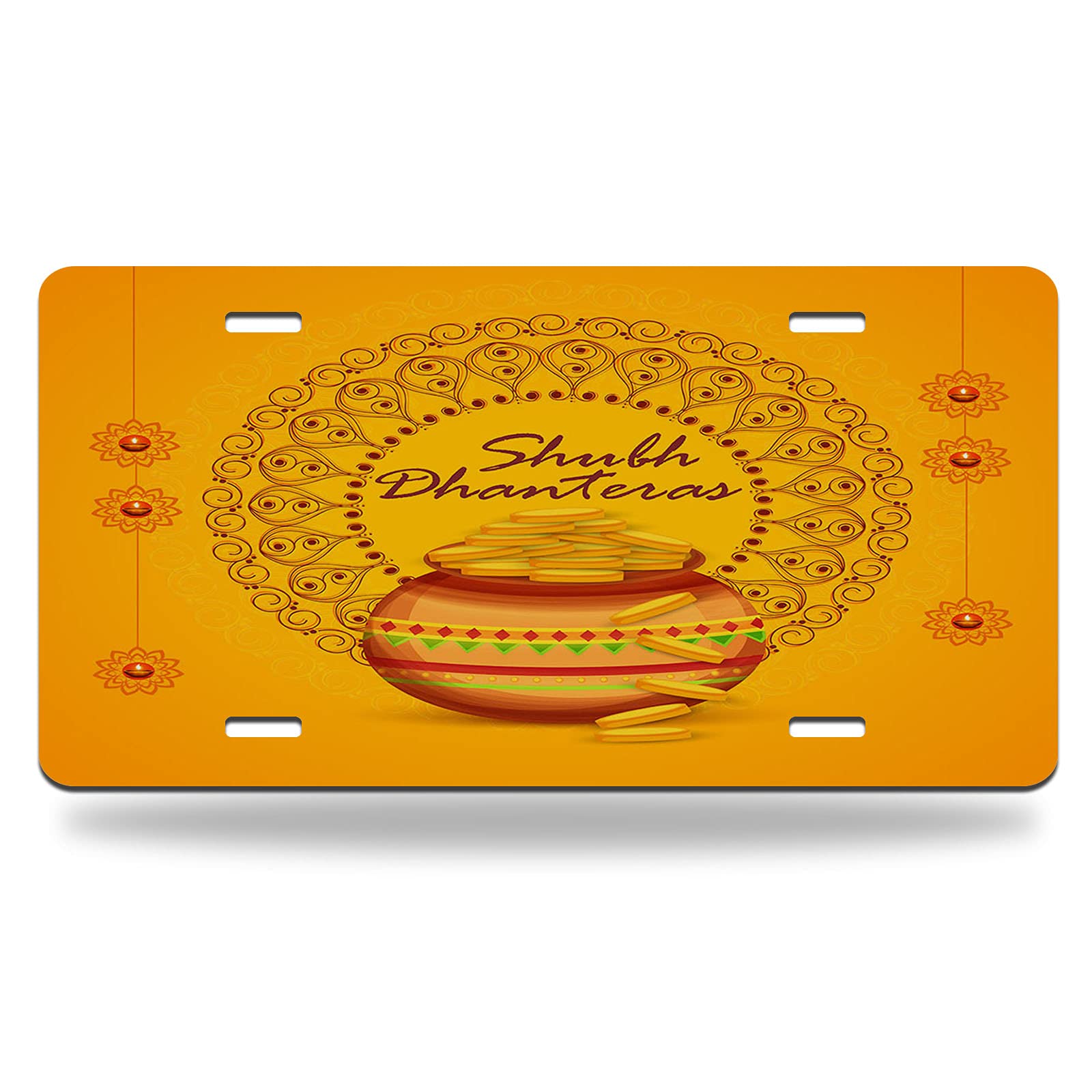 Golden Shiny Diwali License Plate - 12x6 Inch Metal Car Tag with Pot & Coins Design for Men & Women - Perfect for Diwali Decor, Car Accessories & Festival Gifts
