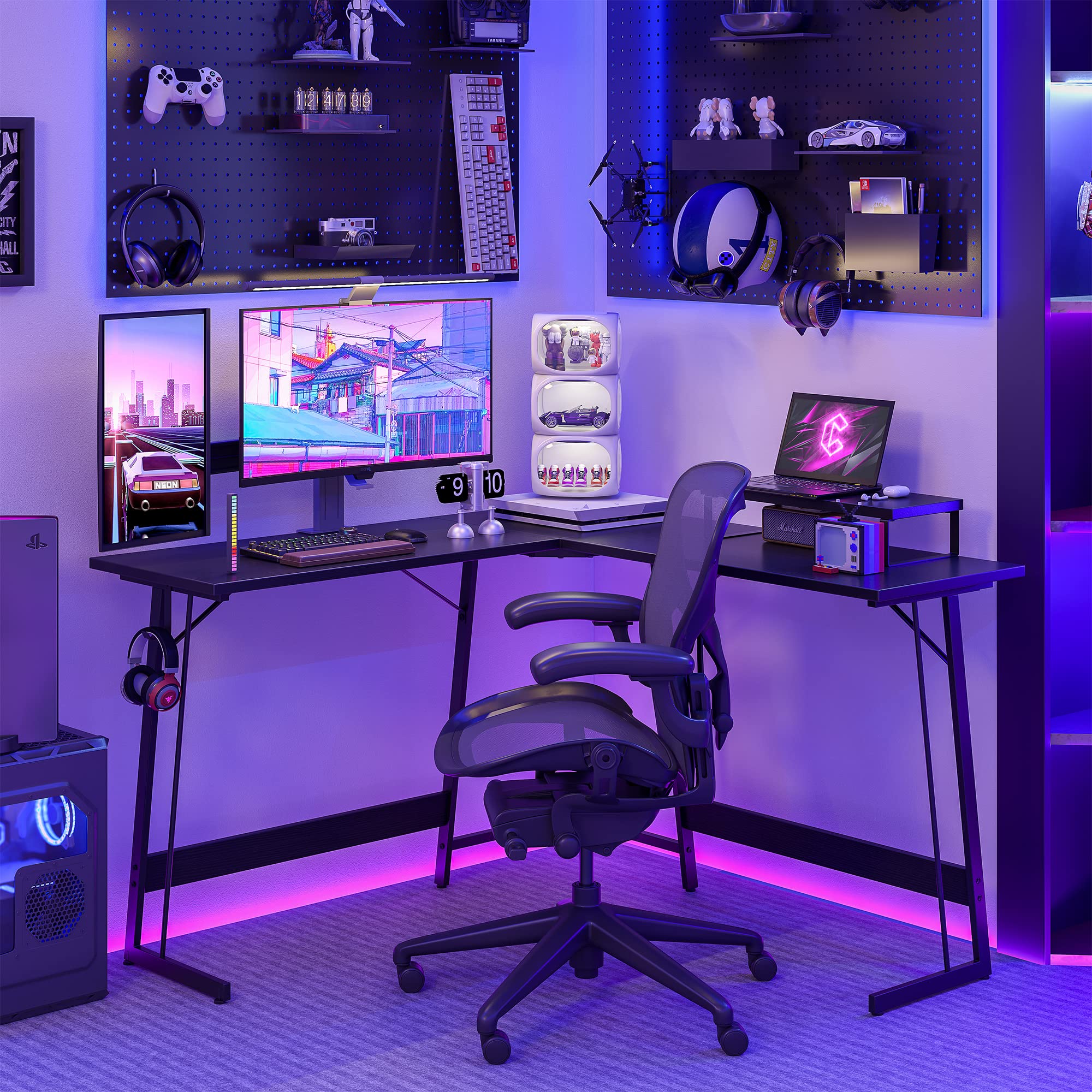 CubiCubi 47 Inch L-Shaped Gaming Desk with Monitor Stand - Sturdy Corner Computer Desk for Home Office, Gaming & Writing Workstation - Black | Perfect for Small Spaces & Multi-Monitor Setups