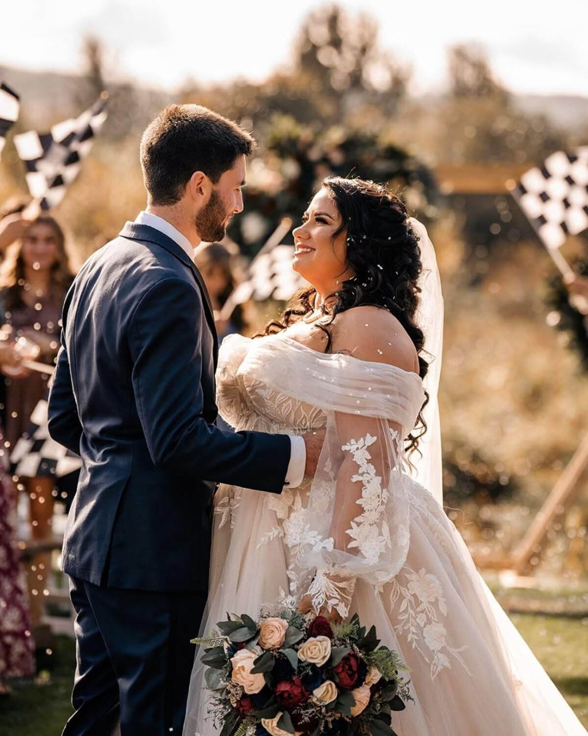Elegant Off Shoulder Wedding Dress for Bride - Beach Wedding Gown with Puffy Tulle Sleeves & Flowing Train | Perfect for Beach Ceremonies, Vow Renewals and Romantic Photoshoots