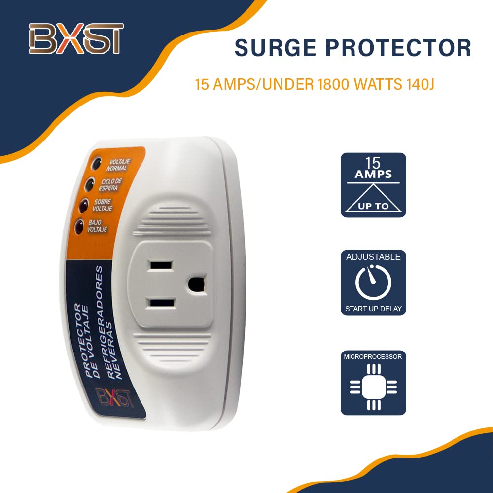 BXST 15A 1800W 140J Single Outlet Surge Protector Plug - Heavy Duty Power Strip for Refrigerator, Air Conditioner, TV & PC - 120V Home & Office Electrical Safety Device - Perfect for Kitchen, Living Room & Workspace Protection