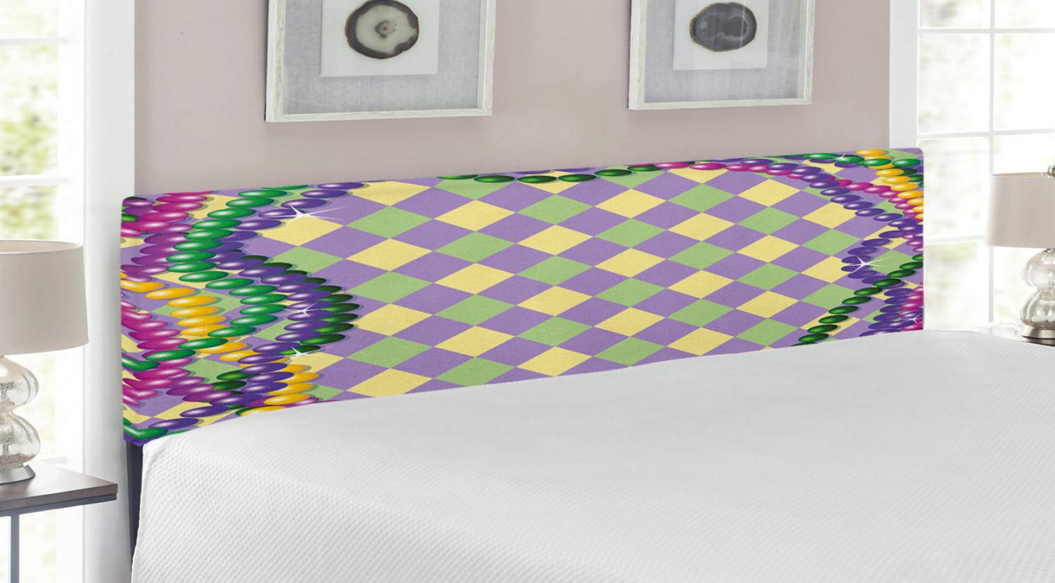 Ambesonne Mardi Gras King Size Upholstered Headboard - Vibrant Bead Design on Diamond Pattern with Memory Foam | Decorative Metal Bed Frame for Festive Bedroom Decor, Party Themed Guest Room