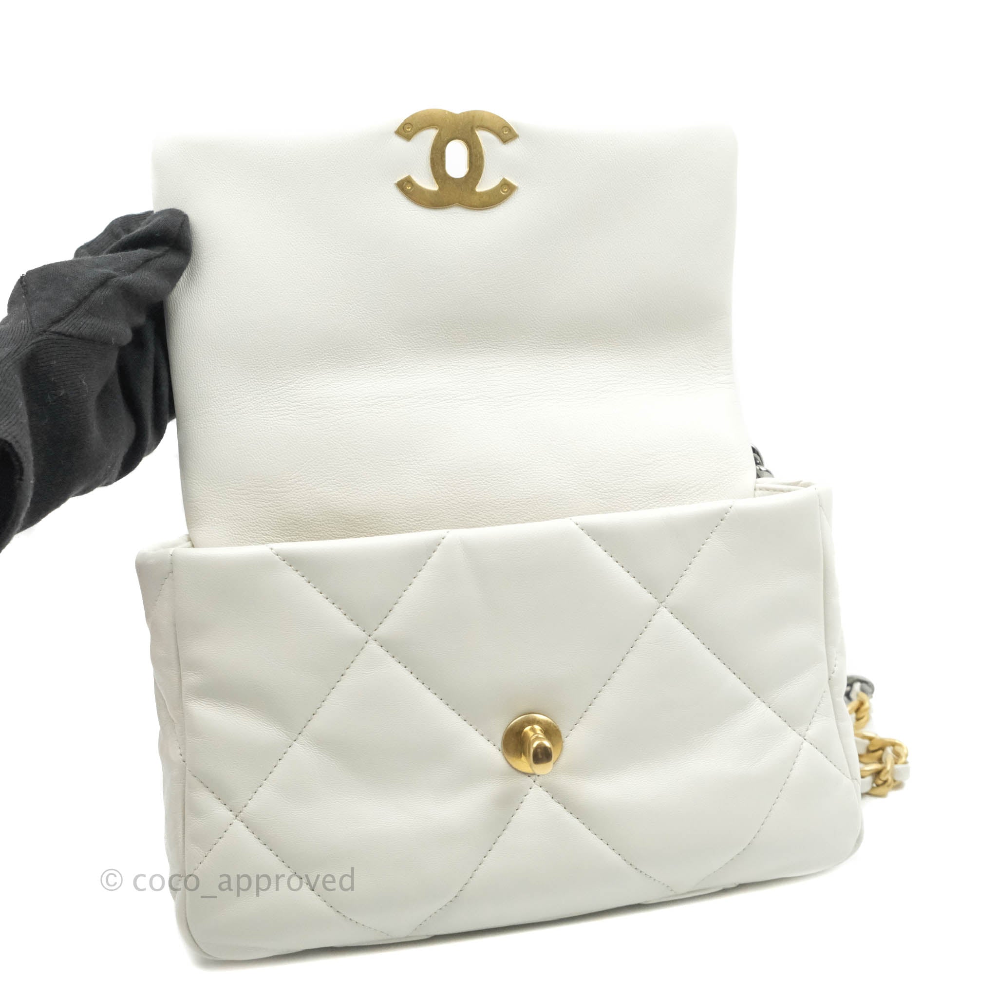 Chanel 19 Small White Goatskin Leather Bag with Mixed Gold & Silver Hardware - Luxury Crossbody Shoulder Bag for Women, Perfect for Date Night & Special Occasions