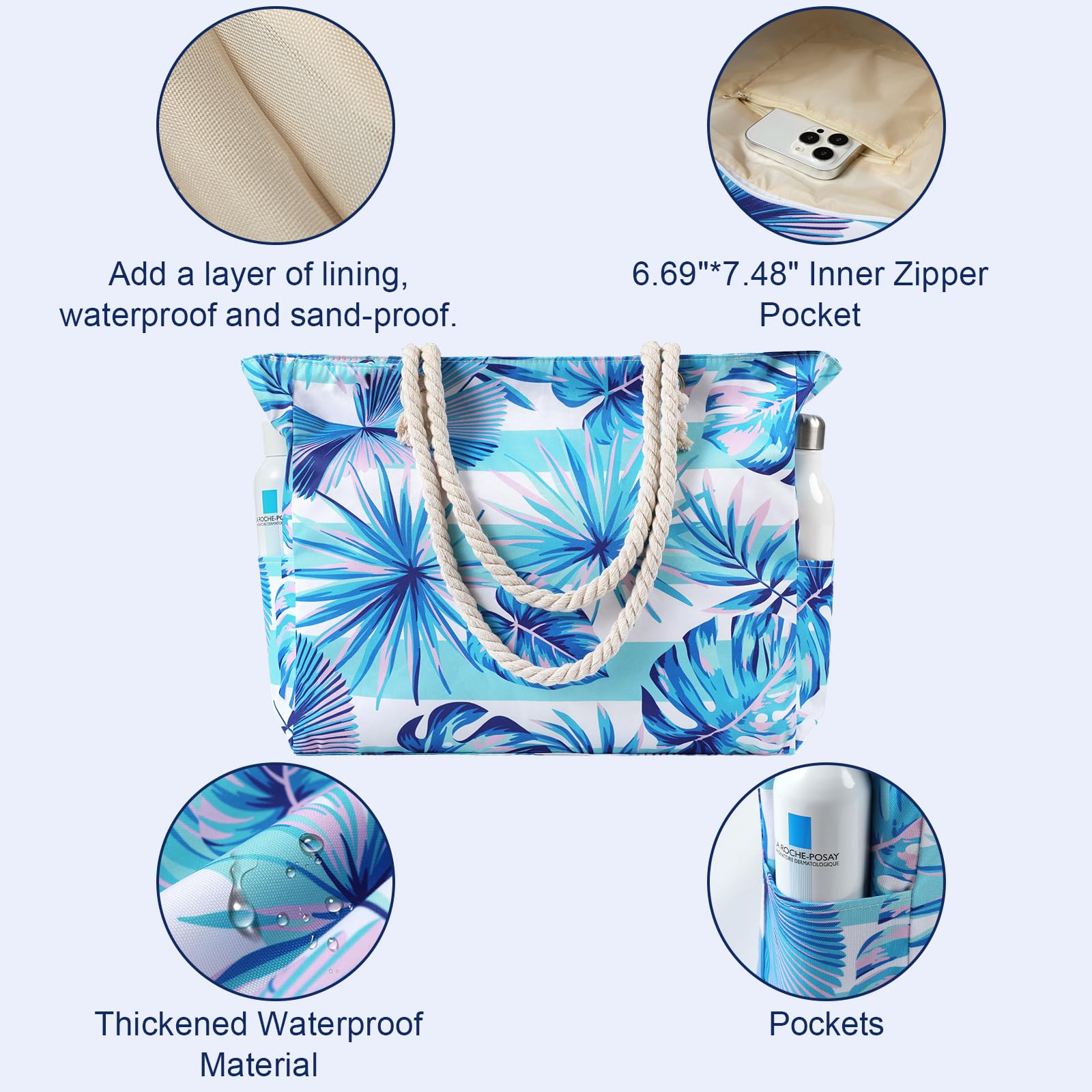 Women's Waterproof Beach Tote Bag with Zipper - Large Sandproof Pool Bag for Swimming & Travel