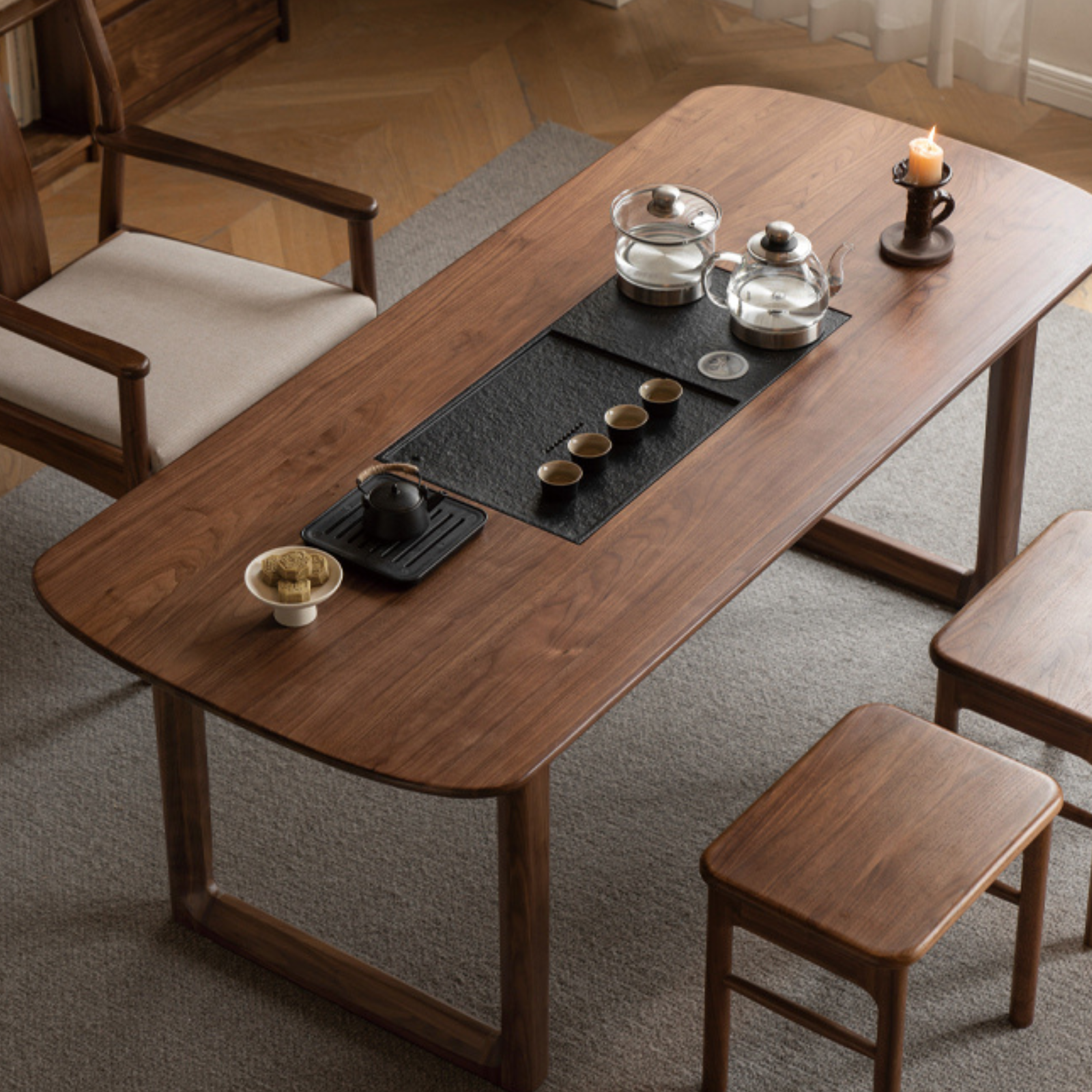 Premium Black Walnut Solid Wood Tea Table with Integrated Tray - Handcrafted Tea Serving Set for Living Room, Zen Meditation & Japanese Tea Ceremony