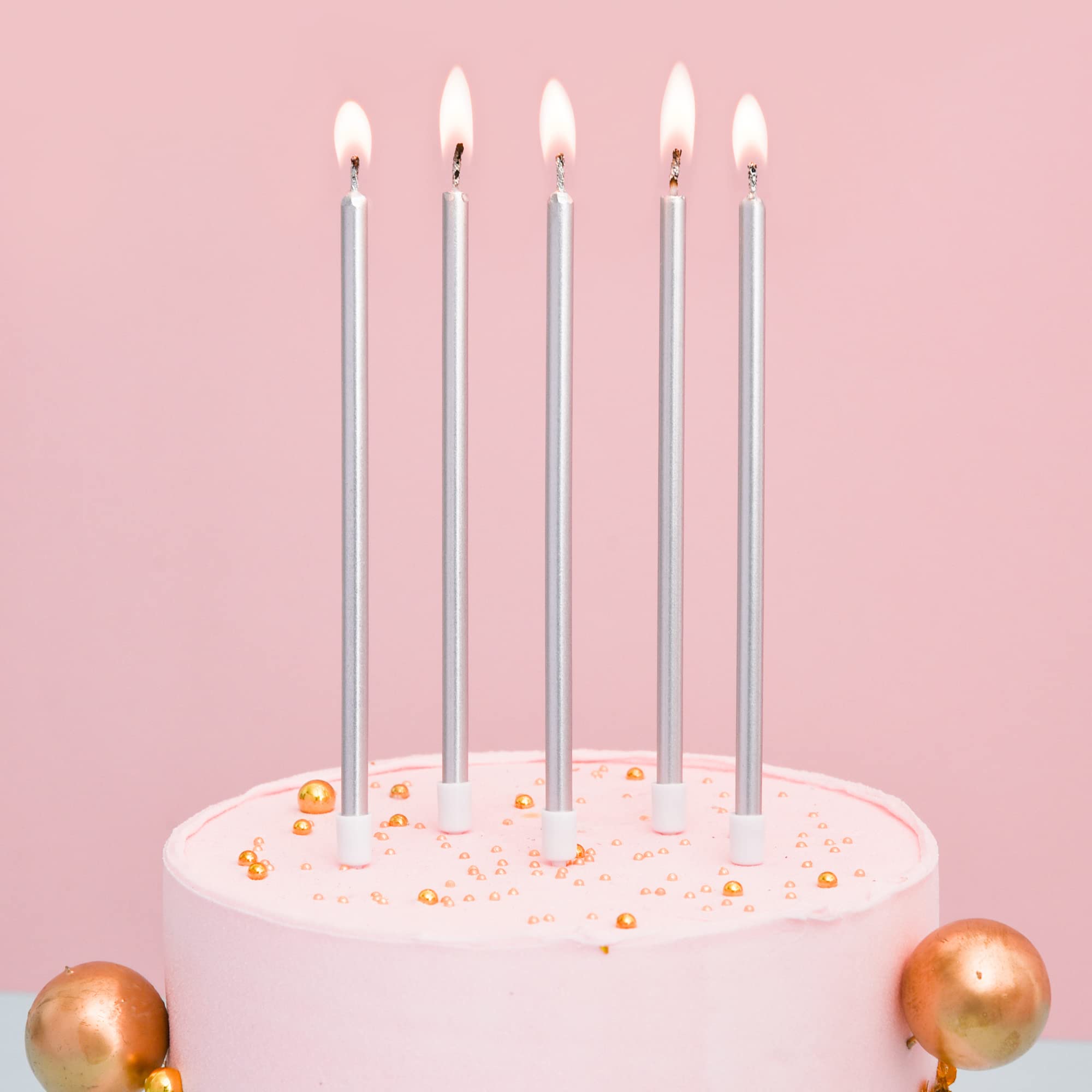 Bella Meri Silver Long Thin Metallic Birthday Candles - Elegant Cake Candles for Birthday Parties, Wedding Decorations & Special Events | Perfect for Cakes, Cupcakes & Dessert Tables