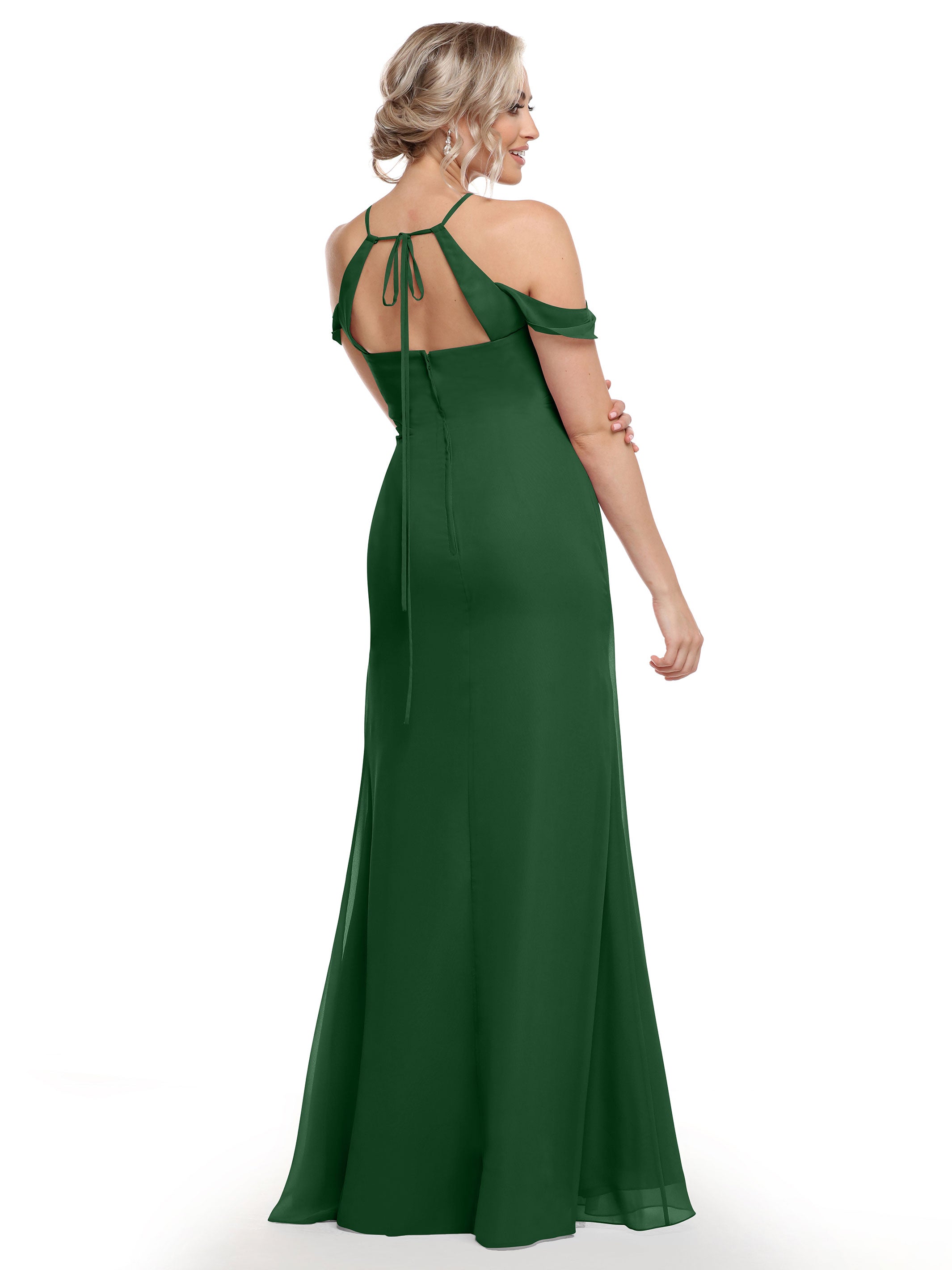 Elegant Off-The-Shoulder Chiffon Bridesmaid Dress with Halter Neckline - Perfect for Weddings, Prom & Formal Events | Style 80148