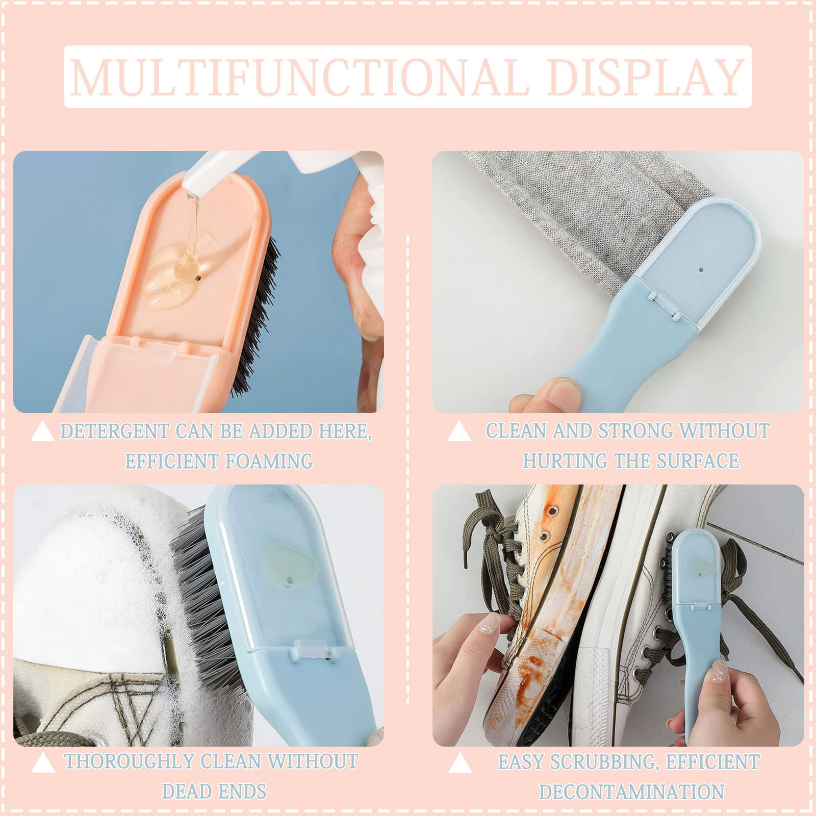 WishLotus Multi-Functional Cleaning Brush - Soft Bristle Shoe Brush, Laundry Brush & Clothes Scrubber with Handle & Detergent Dispenser (Pink) | Perfect for Shoes, Garments, Household Cleaning & Pet Care