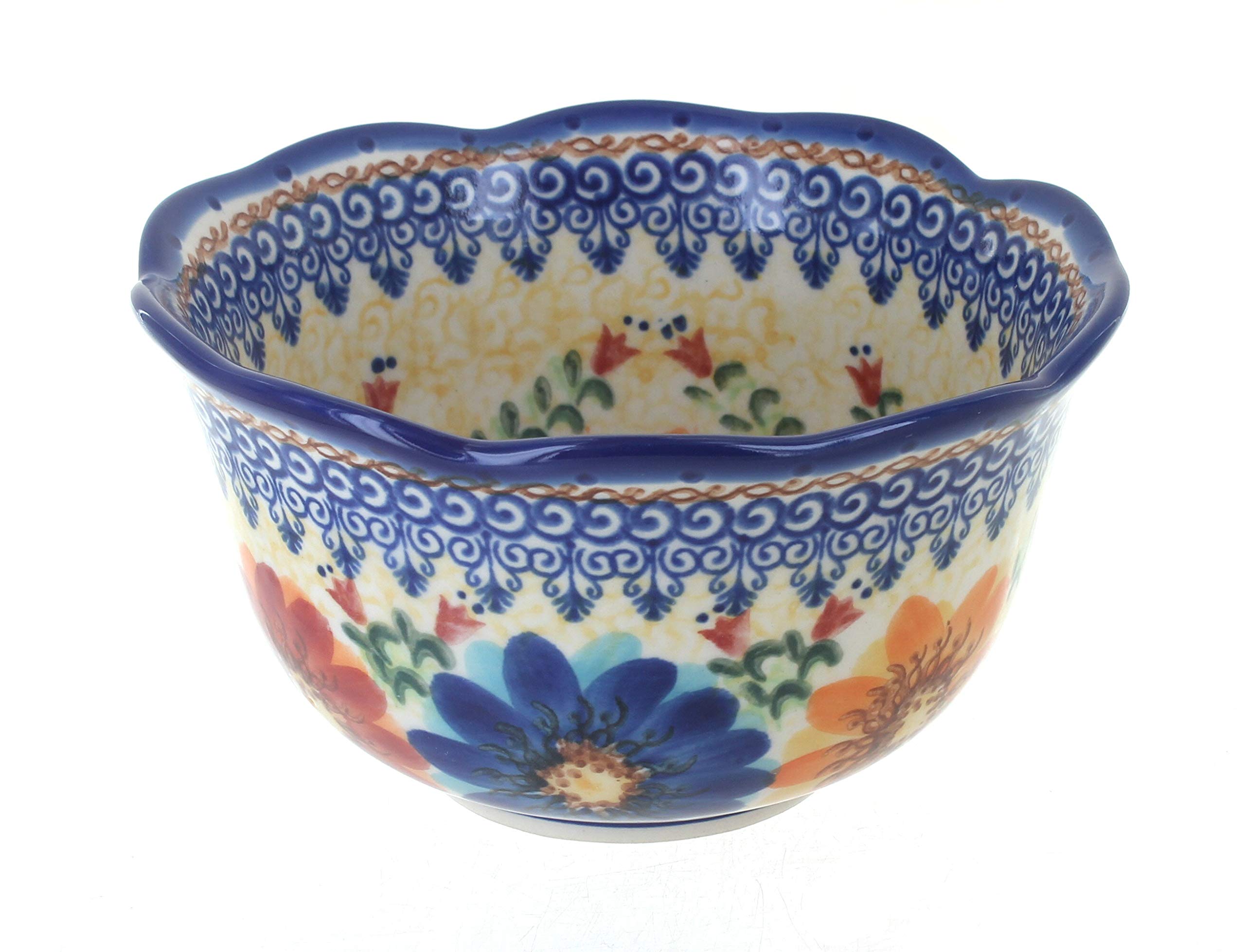 Blue Rose Polish Pottery Autumn Burst Small Deep Scallop Bowl - Handcrafted Ceramic Serving Dish for Soup, Salad & Desserts - Perfect for Holiday Dinners & Rustic Table Settings