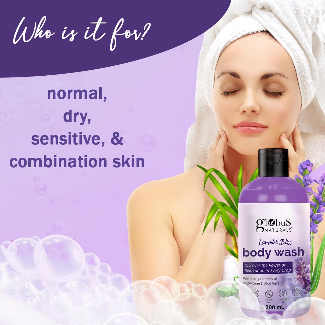 Globus Naturals Lavender Body Wash with Sugarcane & Aloe Vera - Ayurvedic, Paraben-Free, Gentle for All Skin Types - 200ml | Relaxing Bath & Aromatherapy for Stress Relief