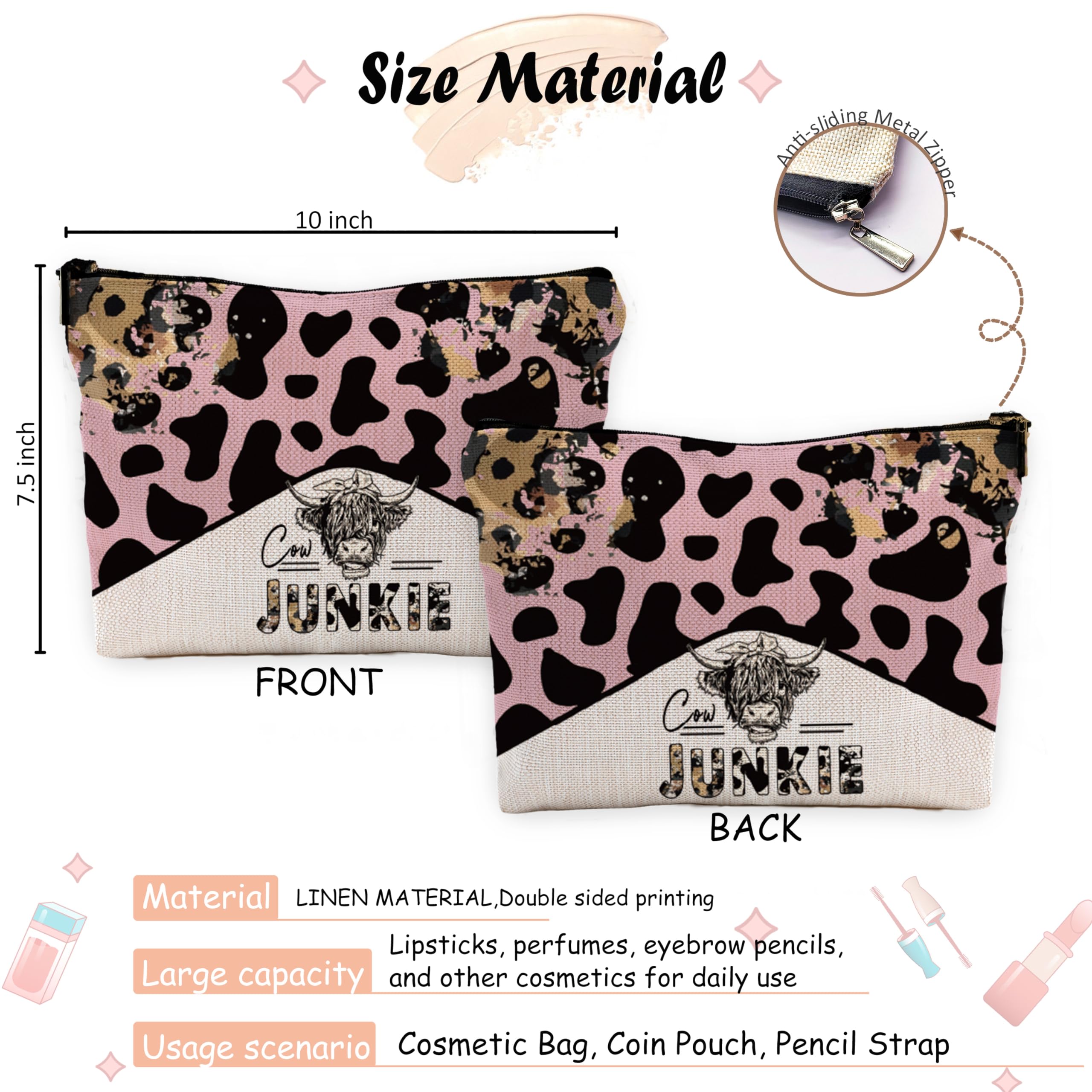 Cow Print Makeup Bag for Women - 7x10 Inch Cute Western Cow Pattern Cosmetic Pouch, Perfect for Travel, Gym & Everyday Use - Unique Cow Gifts & Accessories