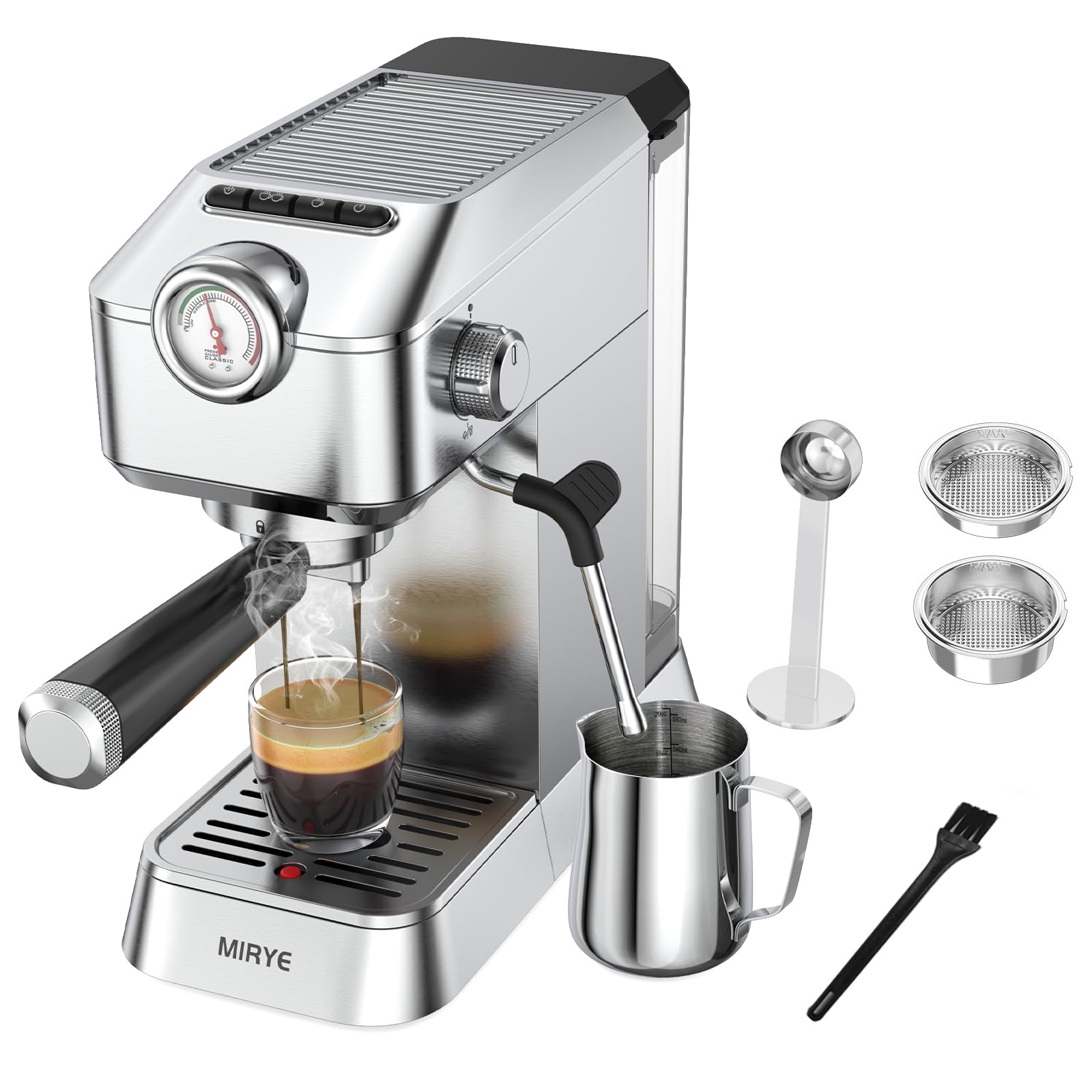Premium 20 Bar Espresso Machine for Home & Office - Stainless Steel Coffee Maker with Removable Water Tank, Milk Frother, Measuring Spoon & Accessories - Perfect for Latte, Cappuccino & Americano Brewing