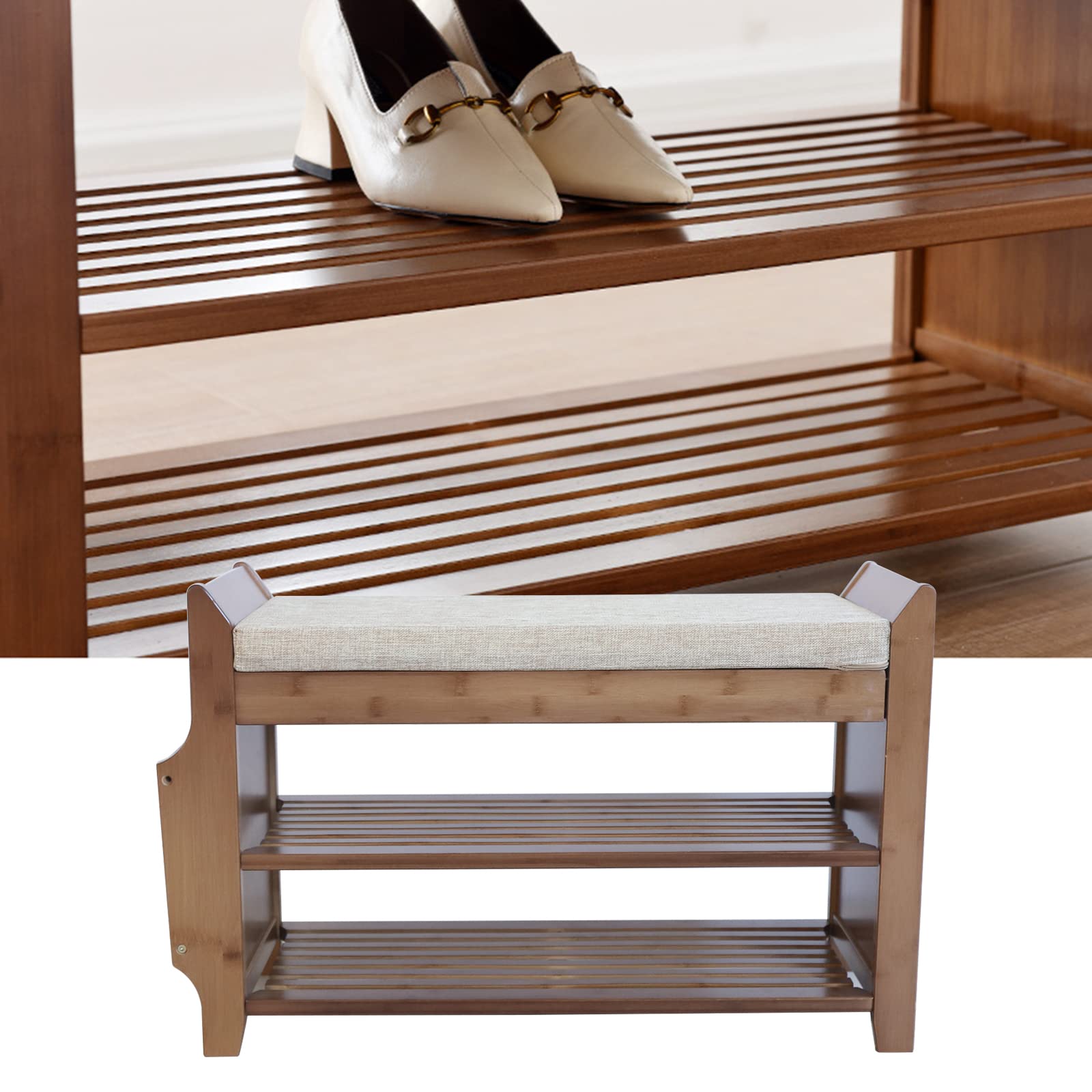 2-Tier Bamboo Shoe Rack Bench with Cushion Seat, Drawer & Side Storage - Sturdy Shoe Organizer for Entryway, Hallway, Living Room & Balcony - Perfect for Small Spaces & Outdoor Use
