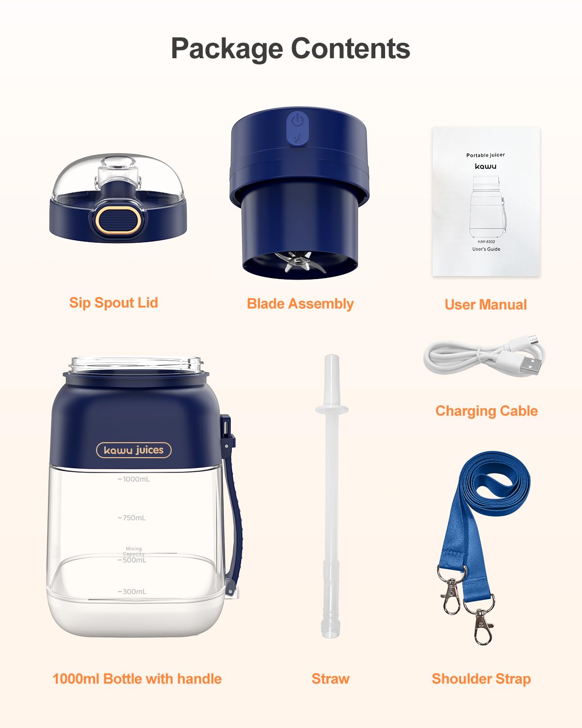 Kawu Portable Blender - 34.1oz USB-C Rechargeable Personal Smoothie Maker with Leakproof Lid & Sip Spout, BPA-Free, Dishwasher Safe - Perfect for Shakes, Protein Drinks, Baby Food & Travel - Includes Handle & Strap for On-the-Go Blending