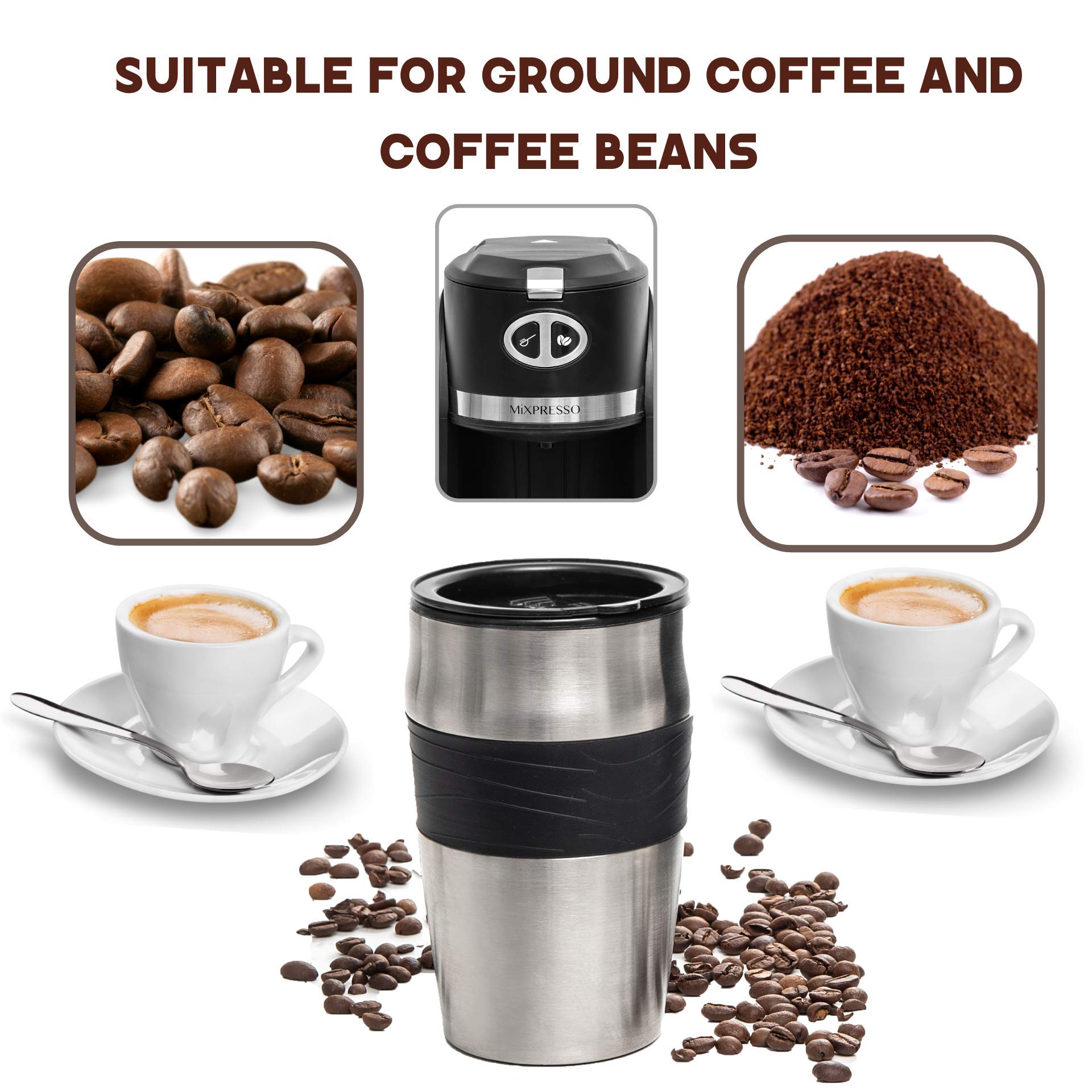Mixpresso 2-in-1 Grind & Brew Automatic Coffee Maker with Built-in Grinder - Single Serve Personal Coffee Machine with 14oz Travel Mug & Auto Shut Off - Perfect for Home, Office & Travel - Black