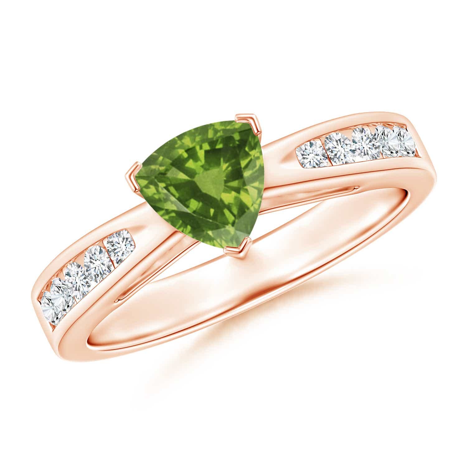 14K Rose Gold Trillion Peridot Solitaire Ring with Diamond Accents - 6mm Genuine Peridot Gemstone for Engagement, Anniversary & Special Occasions