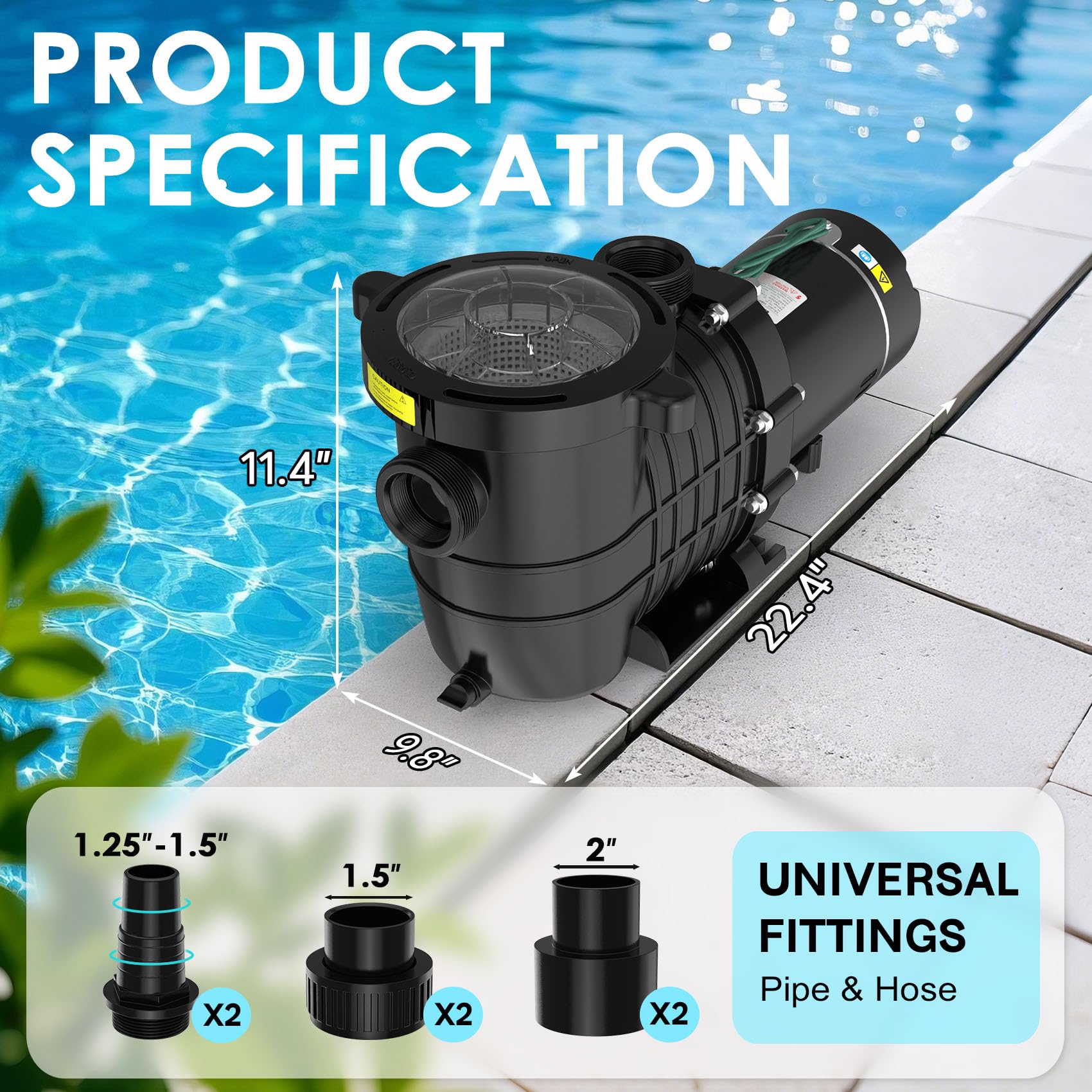 Seeutek 2.0 HP 6900 GPH Swimming Pool Pump - Self Priming for Above Ground & Inground Pools, Dual Voltage 110V/220V, 60Hz Silent Operation with Strainer Basket - Perfect for Backyard, Residential & Commercial Pool Maintenance