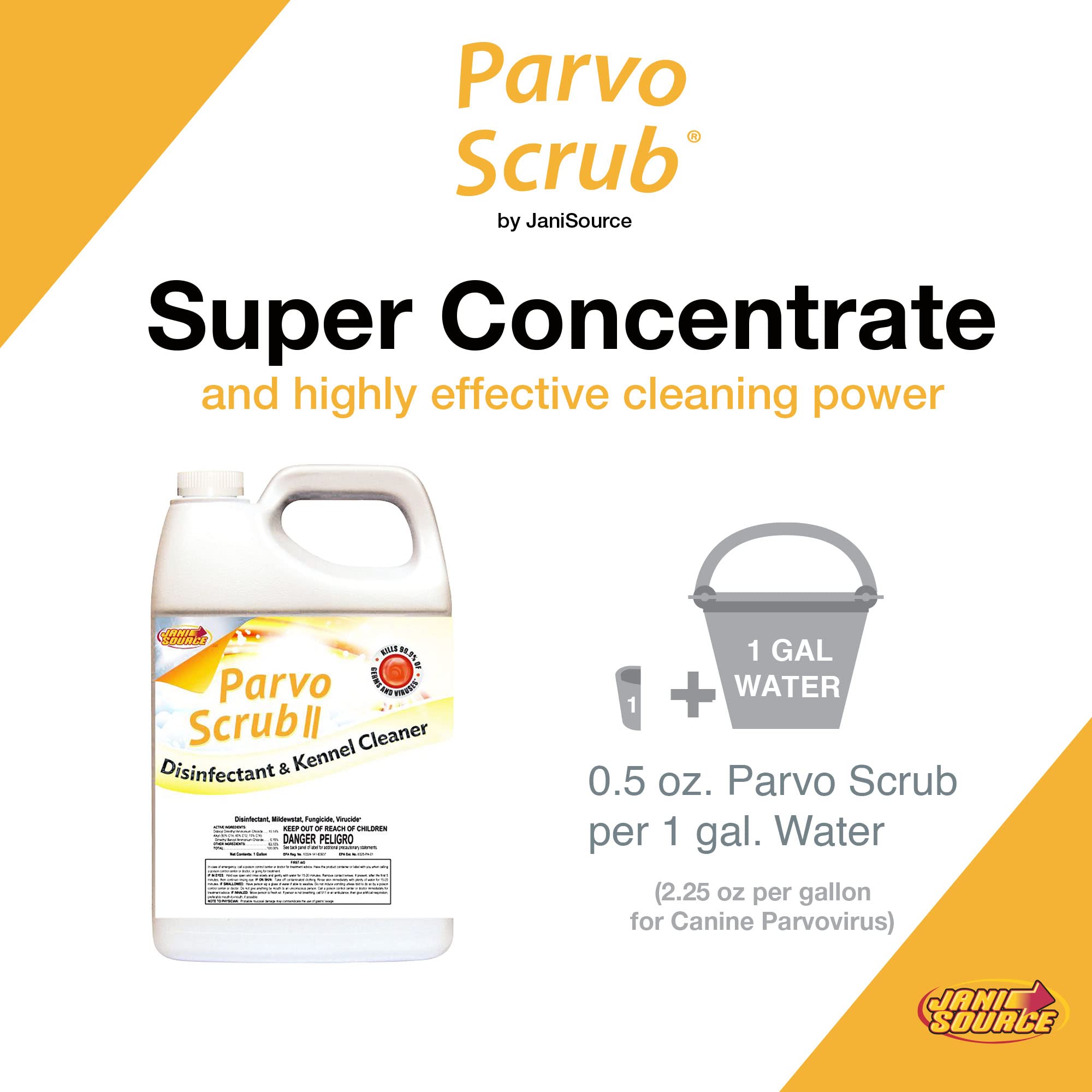 ParvoScrub Vet Grade Disinfectant & Kennel Cleaner - 1 Step Deodorizer Concentrate (4 Gallons) for Dog Kennels, Veterinary Clinics & Pet Facilities - Kills Parvovirus, Bacteria & Odors
