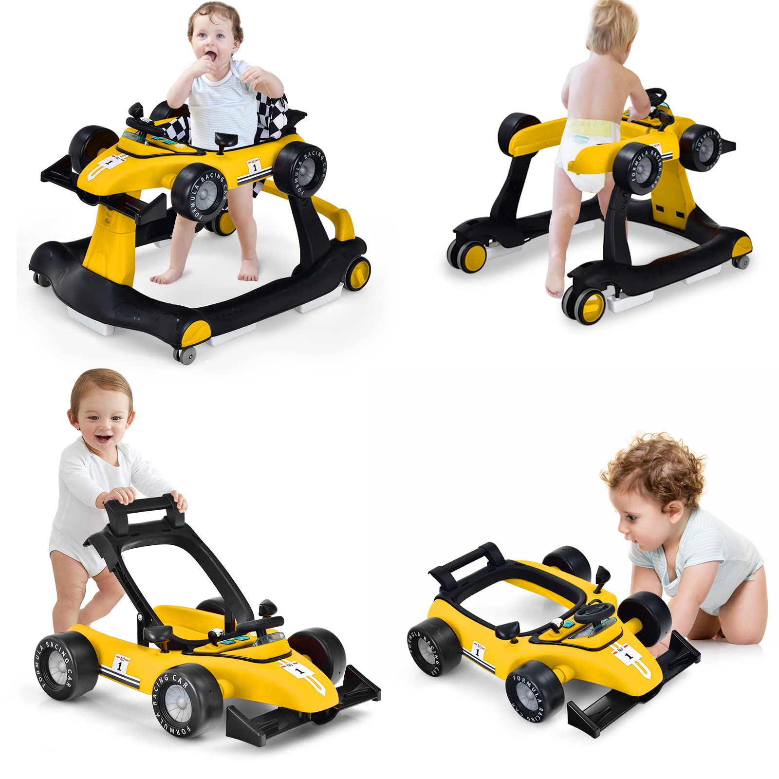 **HONEY JOY 4-in-1 Baby Walker & Activity Push Walker – Adjustable Height (3 Levels), Smooth Wheels with Speed Control, Padded Seat, Music & Lights, Foldable – Ideal for Boys & Girls 6+ Months (Yellow) – Perfect for Learning to Walk, Playtime & Indoor Exploration**