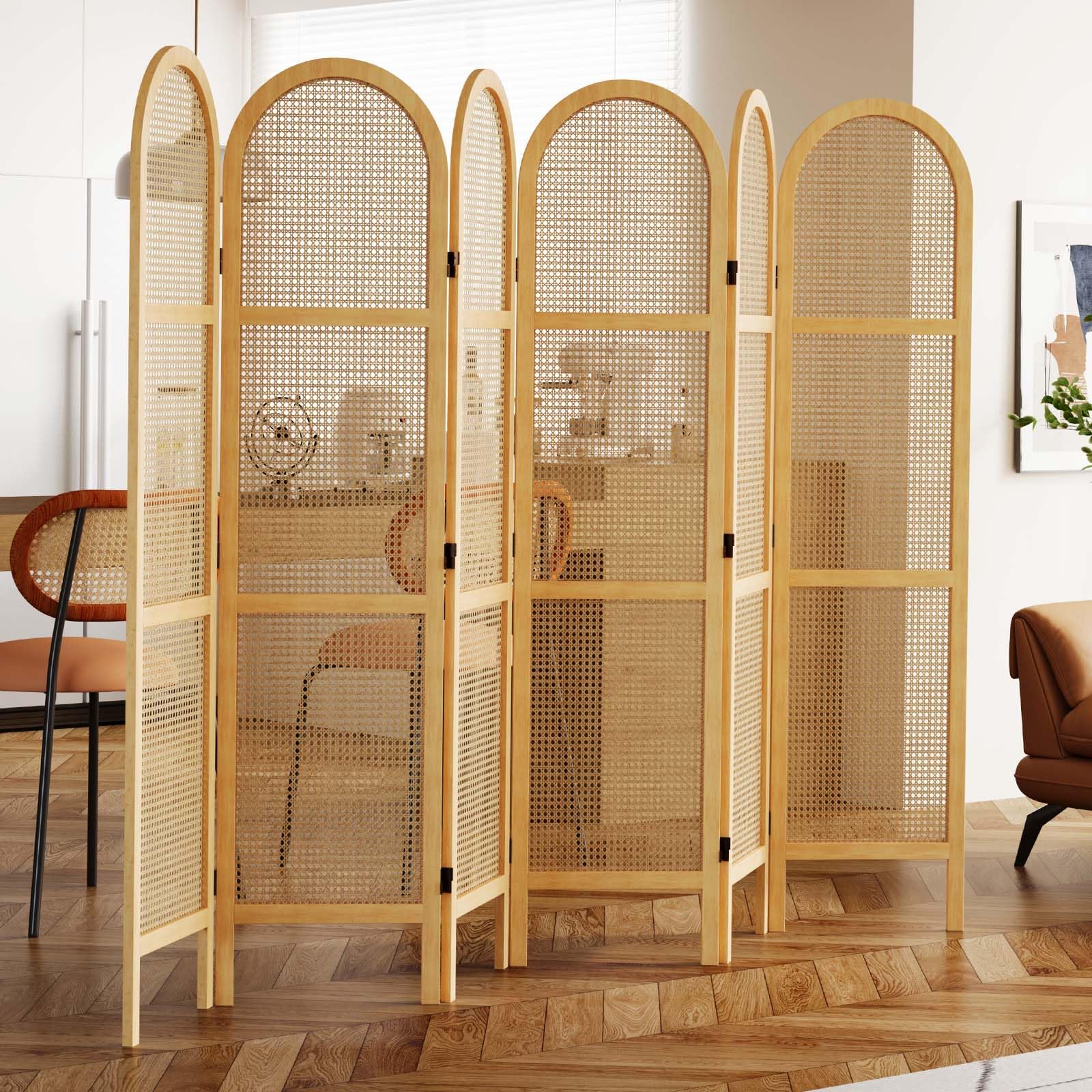 5.6 Ft Double Hinged Rattan Room Divider - Freestanding Folding Privacy Screen with 6 Panels for Bedroom, Office & Living Room (Natural) | Home & Office Partition Wall Decor