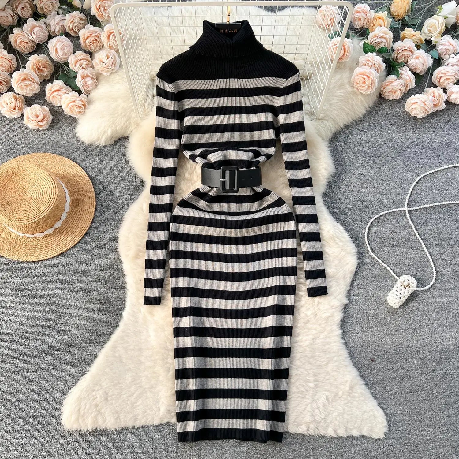 Women's French Style Autumn Winter Patchwork Stripe Knit Long Dress - Medium Length High Neck Warm Loose Slim Sweater Dress for Casual Outings & Holiday Parties