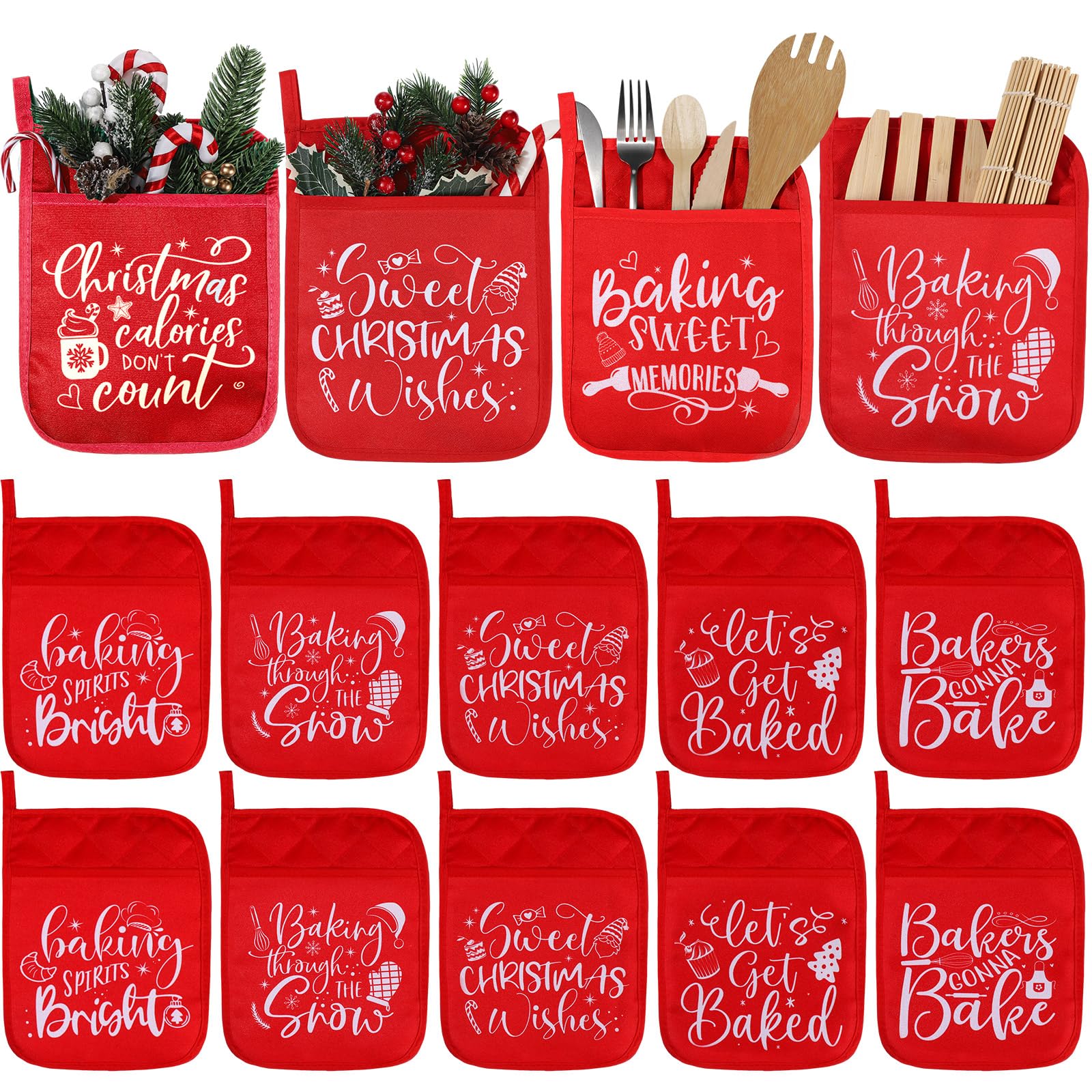 Yaomiao 10 Pcs Christmas Pot Holders with Pockets - Heat Resistant Oven Mitts & Hot Pads for Baking, Cooking, and Kitchen Use - Perfect Holiday Gift (Red, Simple) - Ideal for Holiday Baking, Cookie Exchange, and Festive Kitchen Decor
