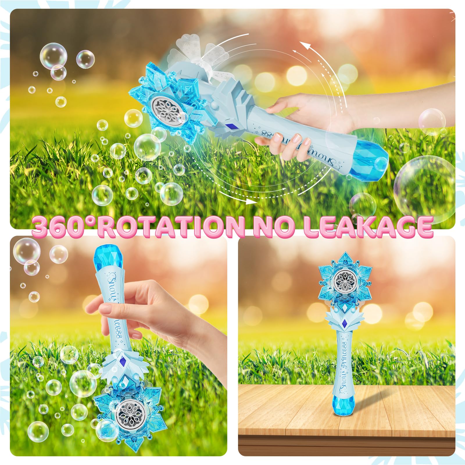 VATOS Automatic Bubble Blower Machine for Kids - 2 Pack Snowflake Bubble Wands with Lights & Music, Includes 2 Windmills & 4 Bottles Bubble Solution - Fun Bubble Toys for Toddlers, Boys, Girls & Adults - Perfect for Birthday Parties, Outdoor Play & Summer Activities