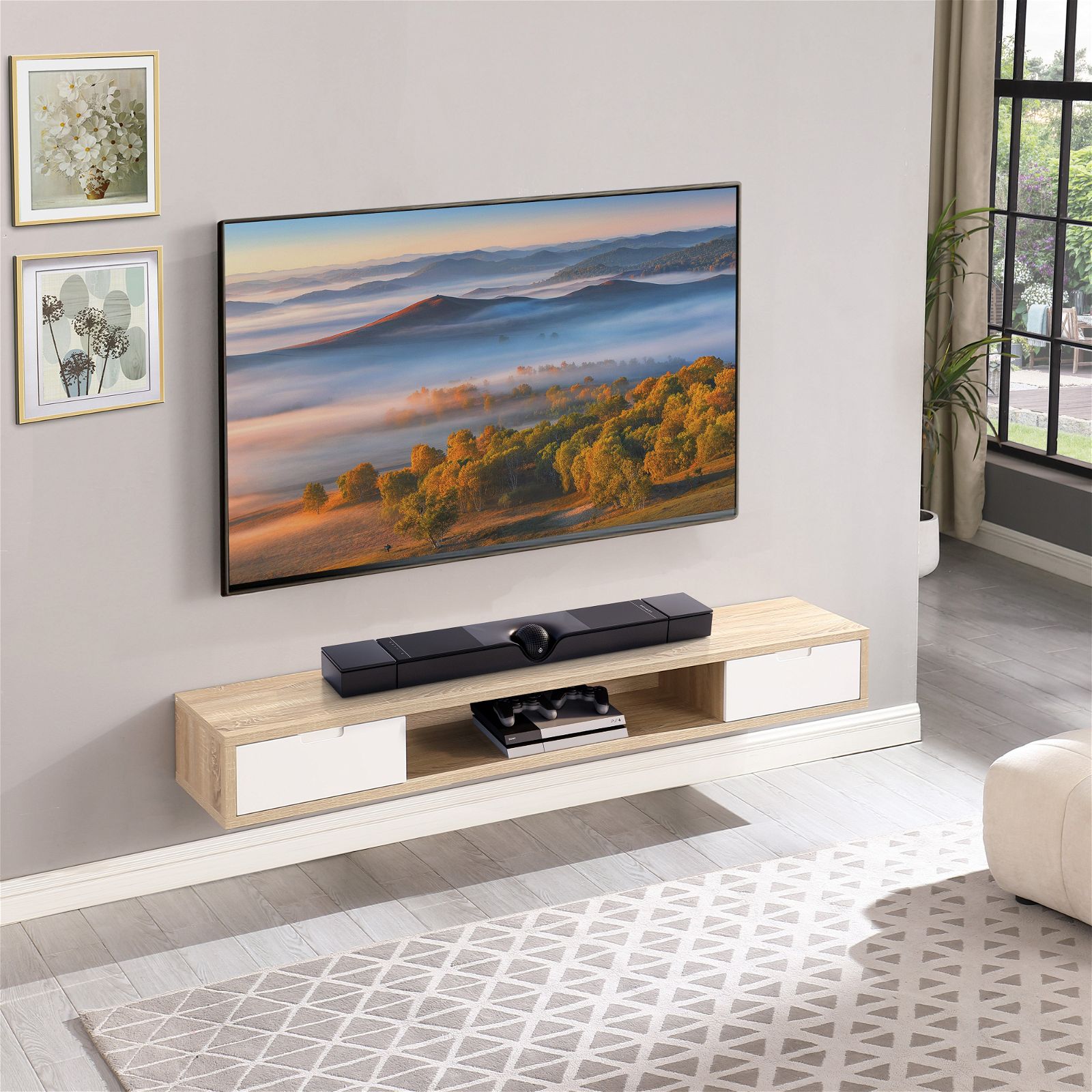 Modern Oak Wall Mount TV Stand - 2000mm Wide Entertainment Center with Storage for Living Room & Home Theater by Criterion