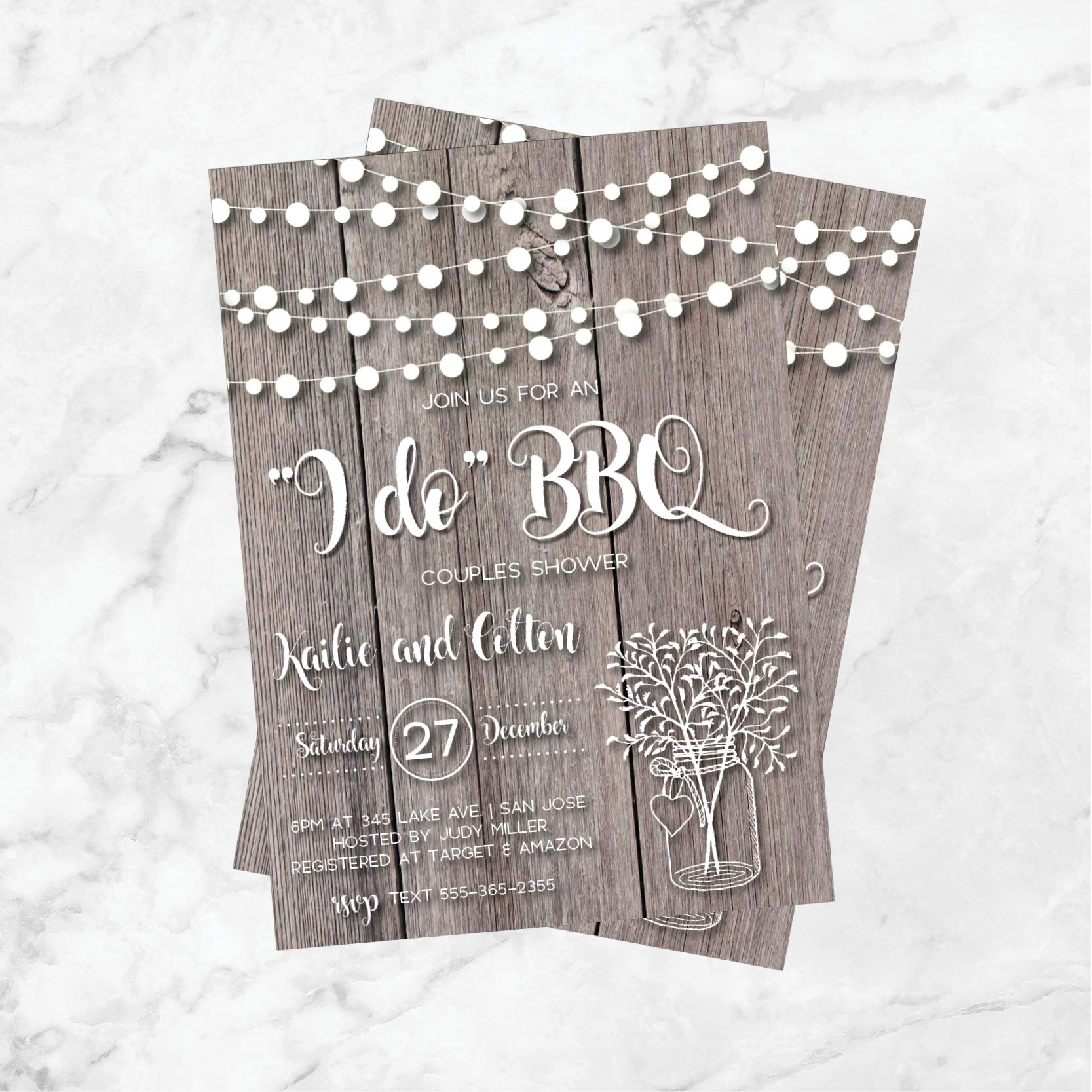 Rustic I Do BBQ Shower Invitations for Couples - Wood & Mason Jar Design with String Lights | Wedding Shower Invites | Perfect for Outdoor BBQ, Engagement Parties & Country-Themed Celebrations